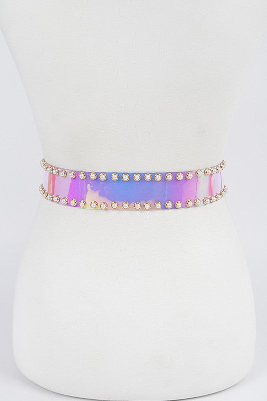 Flashy and cute fashion plus size faux pearl studded transparent belt paired with your favorite jeans