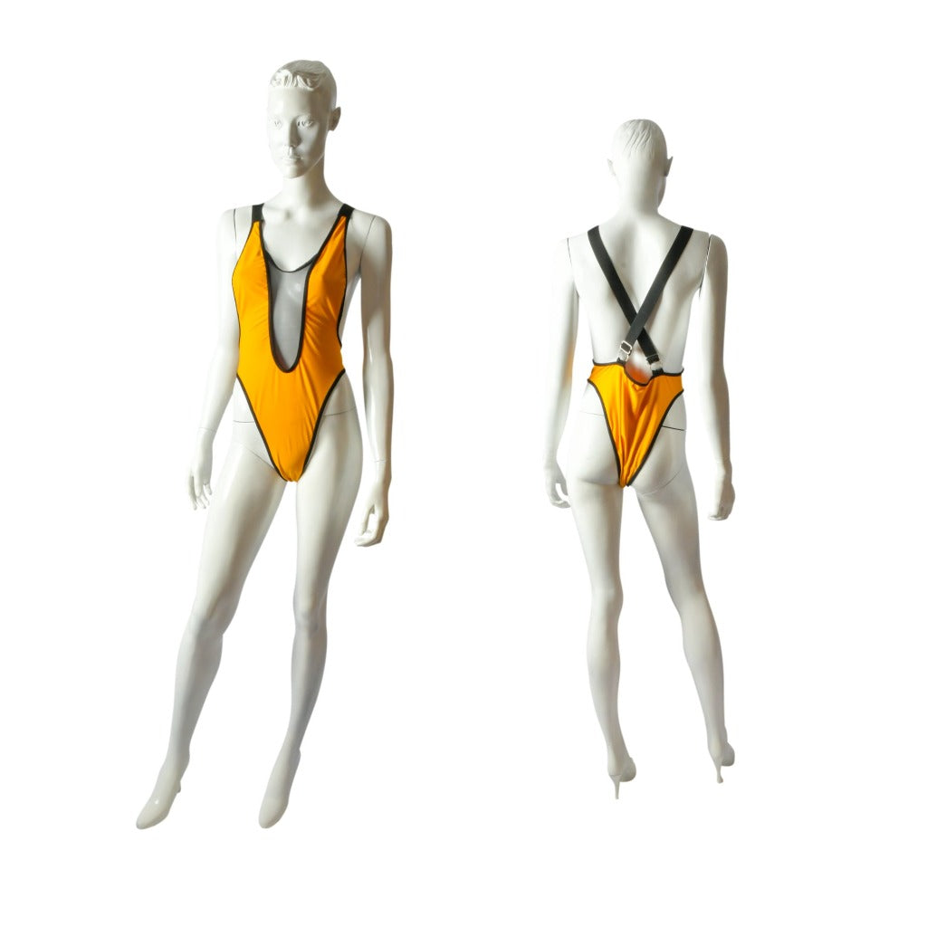 One Piece Swimsuit Mesh front, Round Neckline, Low Cut Sides, Stretchy Criss Cross Adjustable Straps