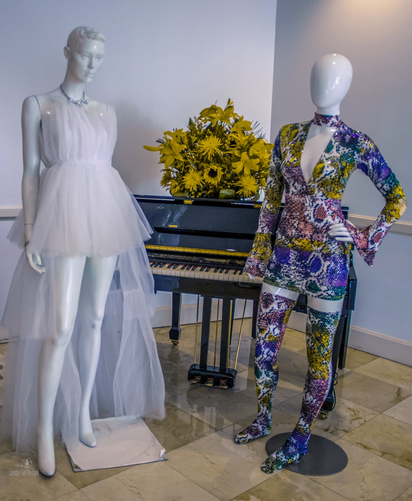 White High Low Tulle Midi Length Dress with 3 Layered Long Tail, Tube Top Dress Featuring Waist Belt Tie, Back Zipper Closure.