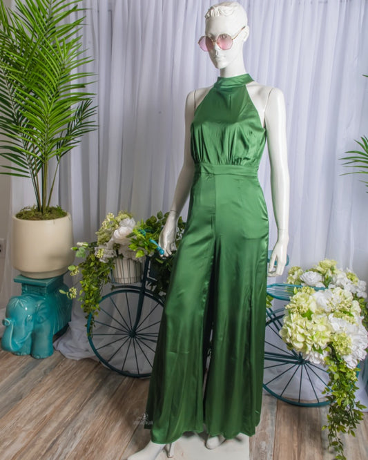 Fall In Style With This Season 2020 and Behind Trending Fashion Jumpsuit Features A Halter Neck, Sleeveless, Details A Back Zipper, Side Pockets With Flare Solid Satin. Club Or Date Night Heels or A Pair Of Matching Wedges Shoes will just do, give you that extra height while keep jumpsuit from sweeping the floor,