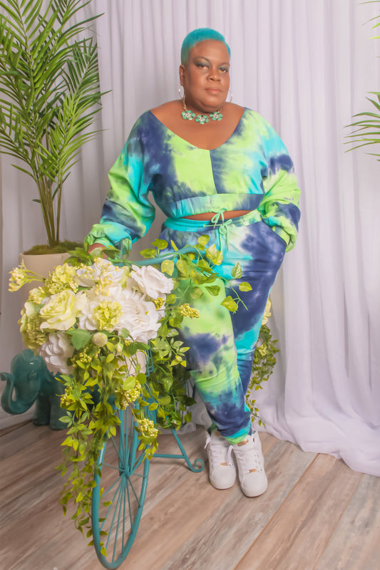 Tie Dye Joggers Two Piece Set puff long sleeve off the shoulder featuring an elasticated tie waist with side pockets drawstring Street Style