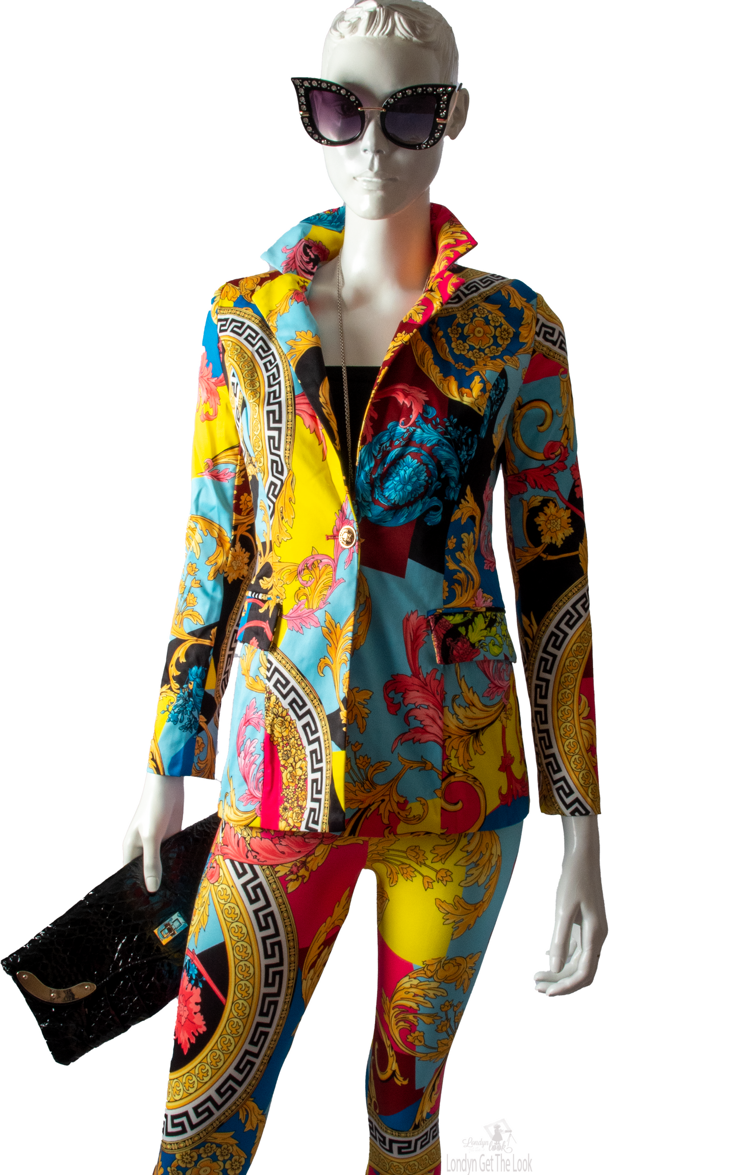 Two Piece Set-Blue Multi Long Sleeve Print Jacket With Collar, Two Side Pockets Matches With Skinny Fitted Print Pants