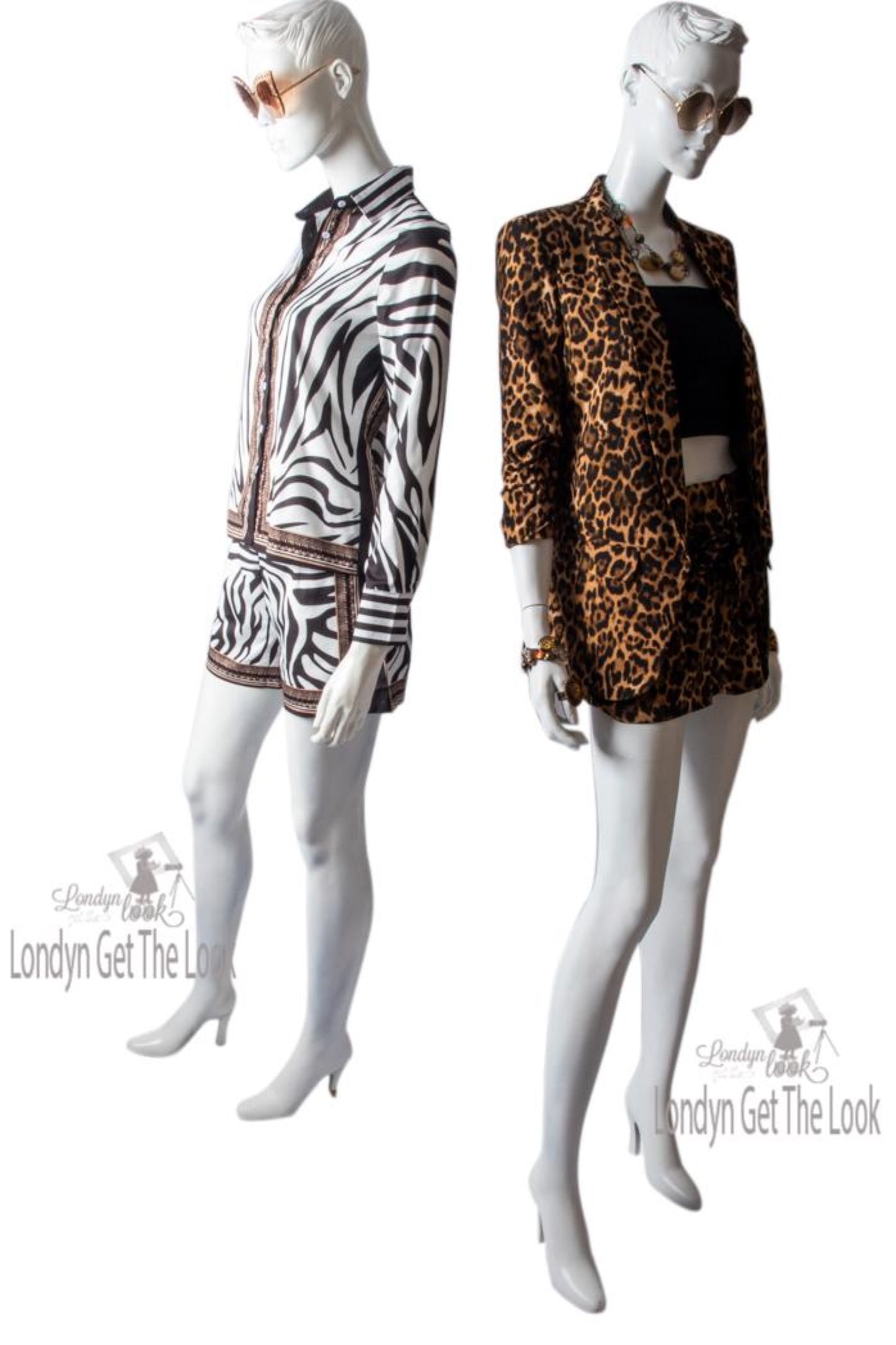 Zebra Print Buttoned Shirt & Zipper Short Sets long sleeve with brown/gold border v-neck turn-down collar paired with a matching shorts Very chic and sexy above knee mini shorts and side pocket