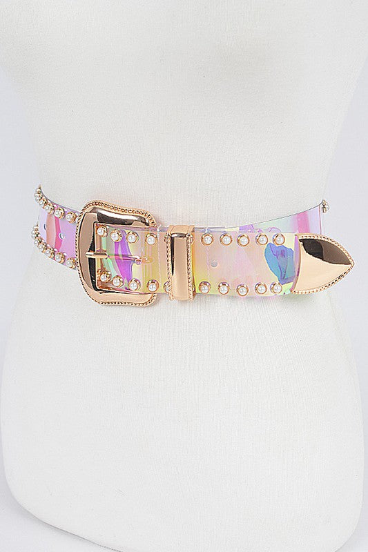 Flashy and cute fashion plus size faux pearl studded transparent belt paired with your favorite jeans