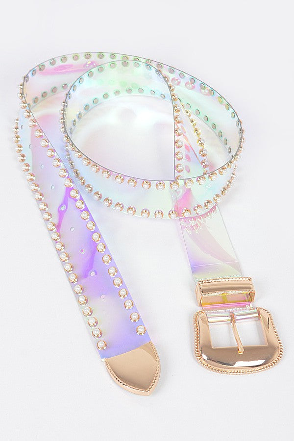 Flashy and cute fashion plus size faux pearl studded transparent belt paired with your favorite jeans