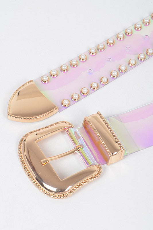 Flashy and cute fashion plus size faux pearl studded transparent belt paired with your favorite jeans
