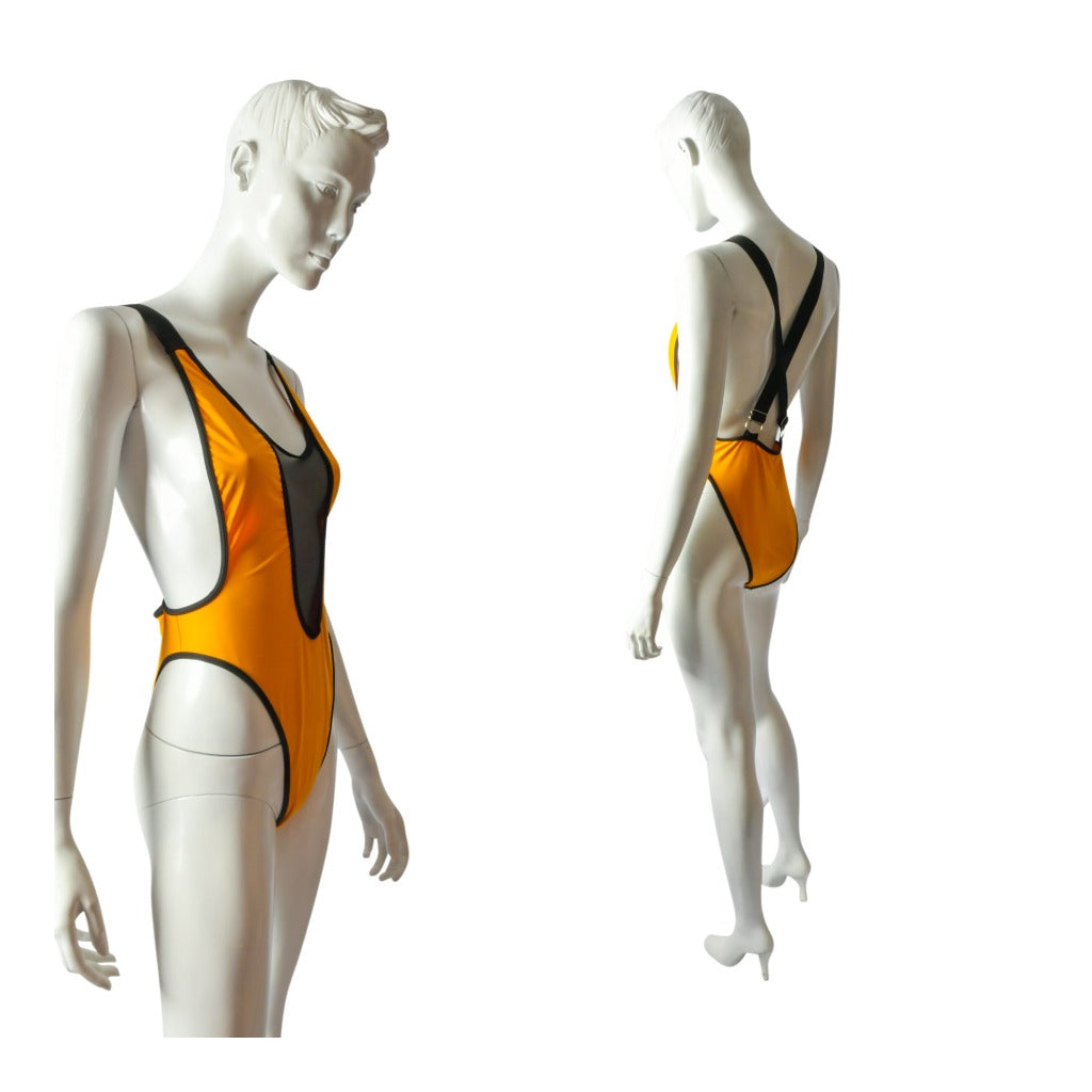 One Piece Swimsuit Mesh front, Round Neckline, Low Cut Sides, Stretchy Criss Cross Adjustable Straps