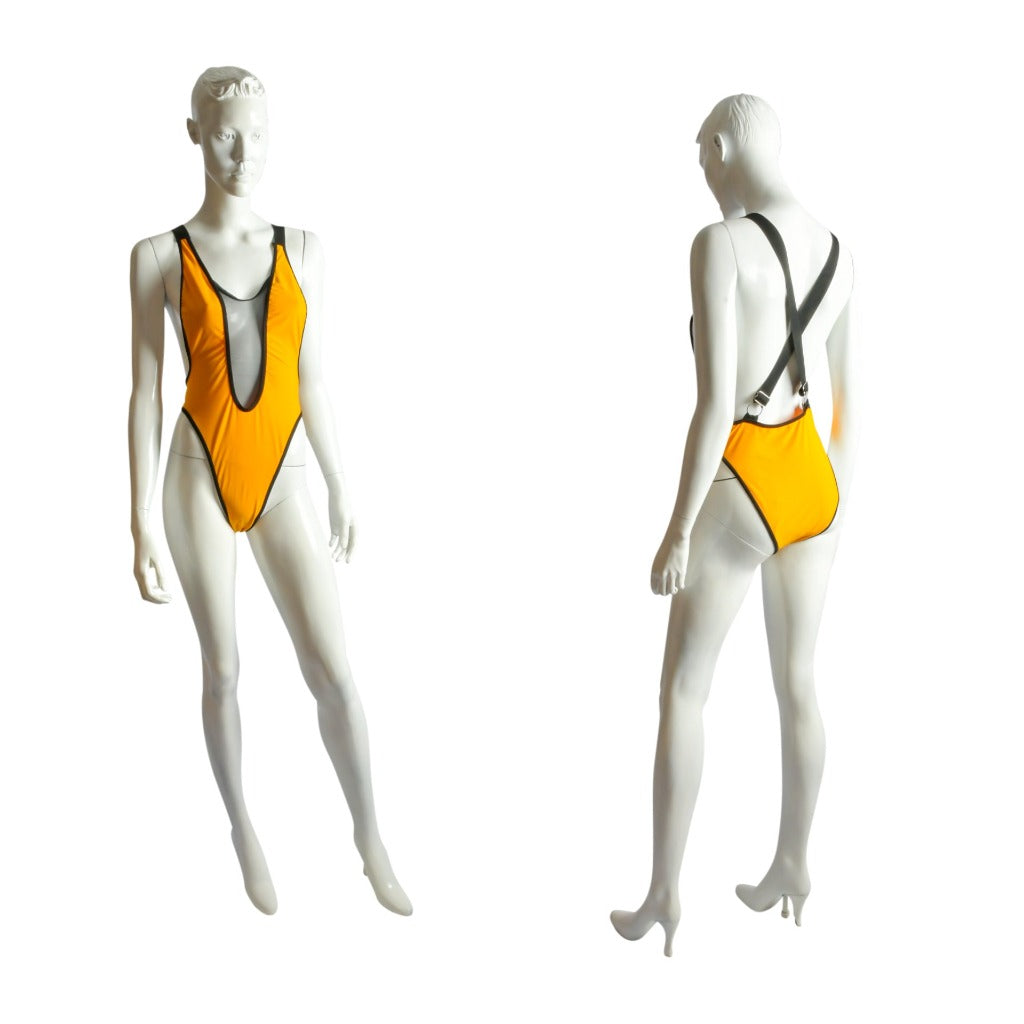 One Piece Swimsuit Mesh front, Round Neckline, Low Cut Sides, Stretchy Criss Cross Adjustable Straps