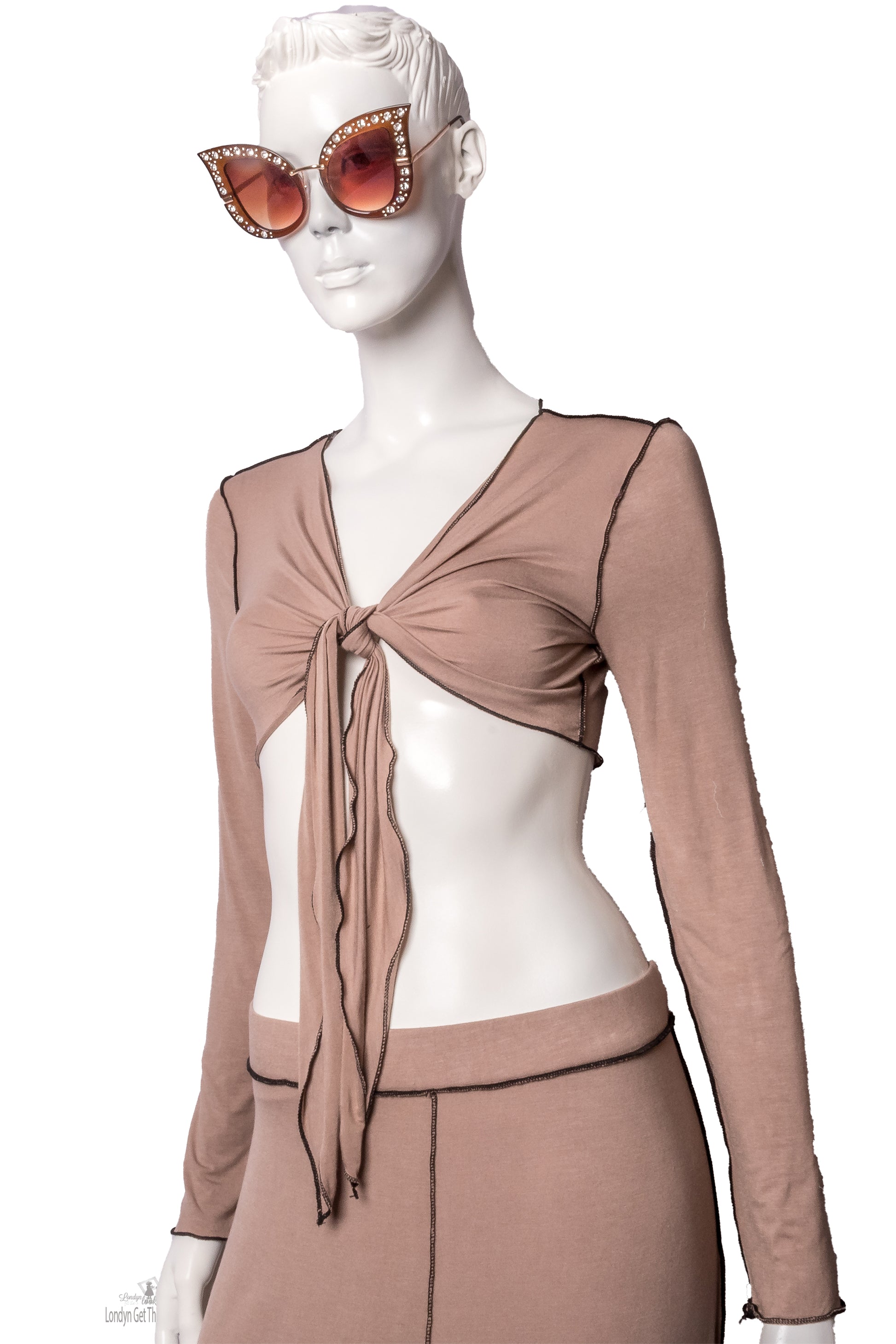 Long Sleeve Tie Front Crop Top With Black Stitch Detail All Over Featuring Deep V Neck Matching Front Slit Midi Skirt. Get The Look Women's Wrap Front Tie Top And Skirt Set, Two Piece Set Available In Reg/Curvy Size