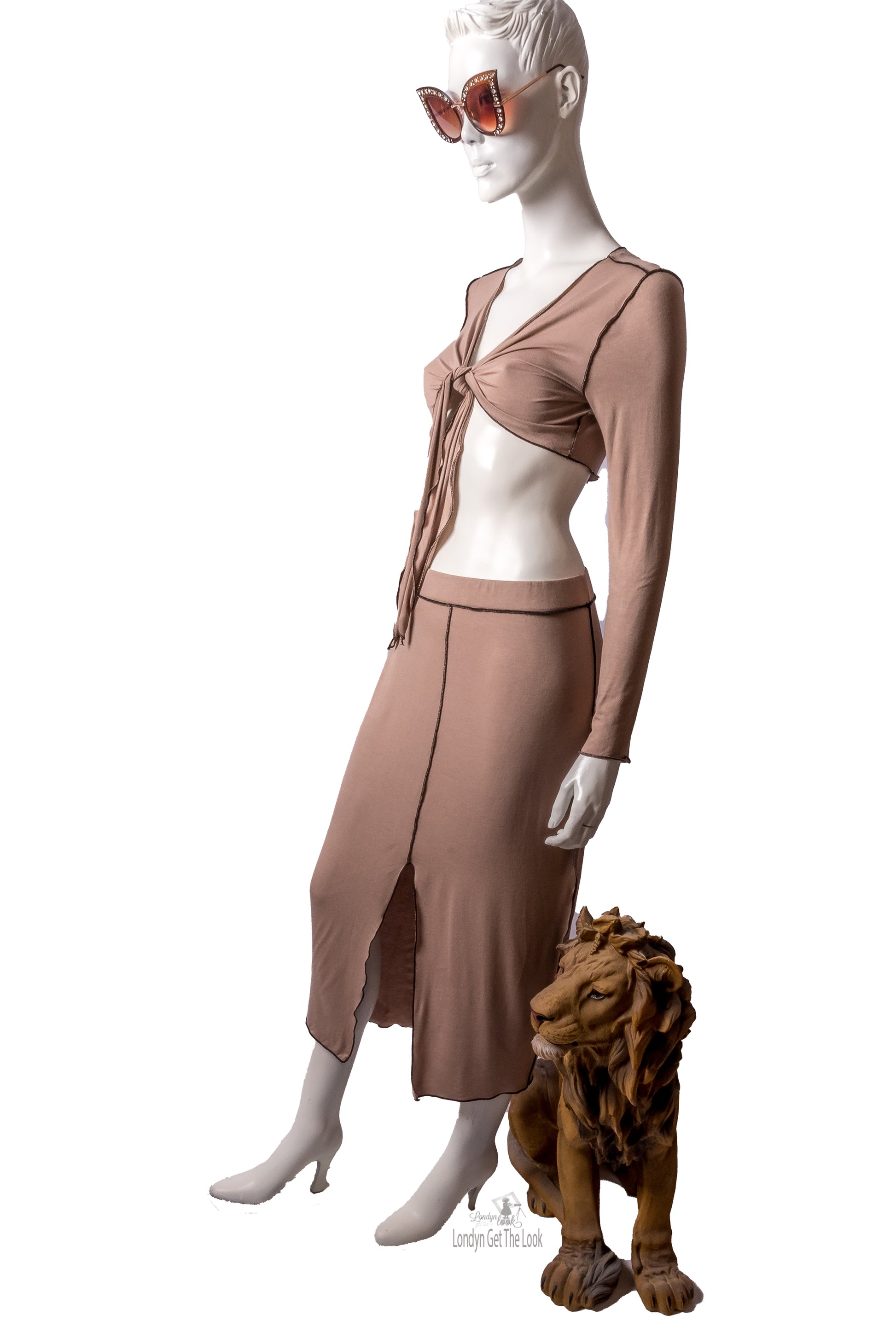 Long Sleeve Tie Front Crop Top With Black Stitch Detail All Over Featuring Deep V Neck Matching Front Slit Midi Skirt. Get The Look Women's Wrap Front Tie Top And Skirt Set, Two Piece Set Available In Reg/Curvy Size