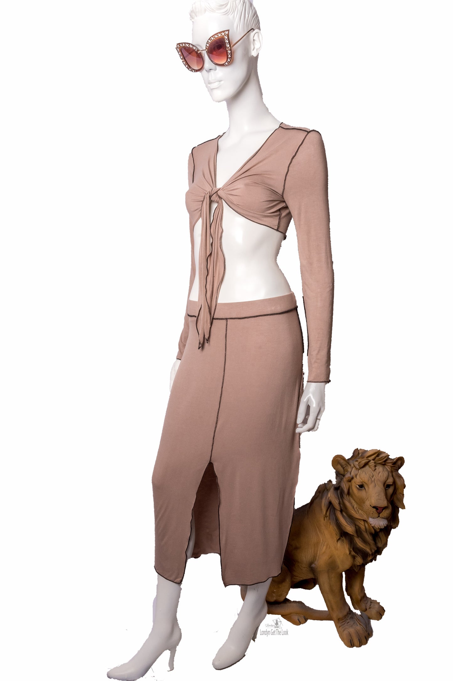 Long Sleeve Tie Front Crop Top With Black Stitch Detail All Over Featuring Deep V Neck Matching Front Slit Midi Skirt. Get The Look Women's Wrap Front Tie Top And Skirt Set, Two Piece Set Available In Reg/Curvy Size