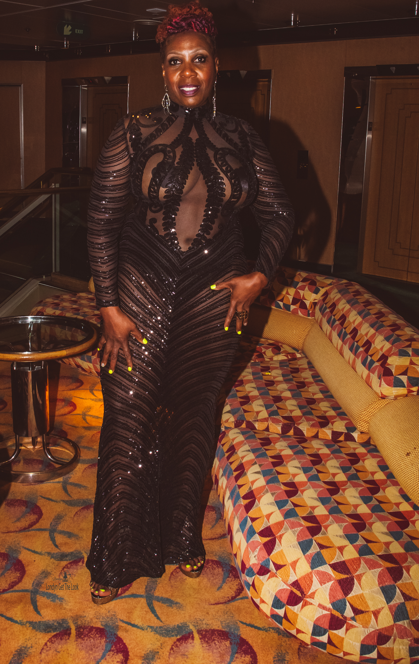Sequin Long Dress ﻿Chocker Neck Long Sleeve Open Back Black Gown