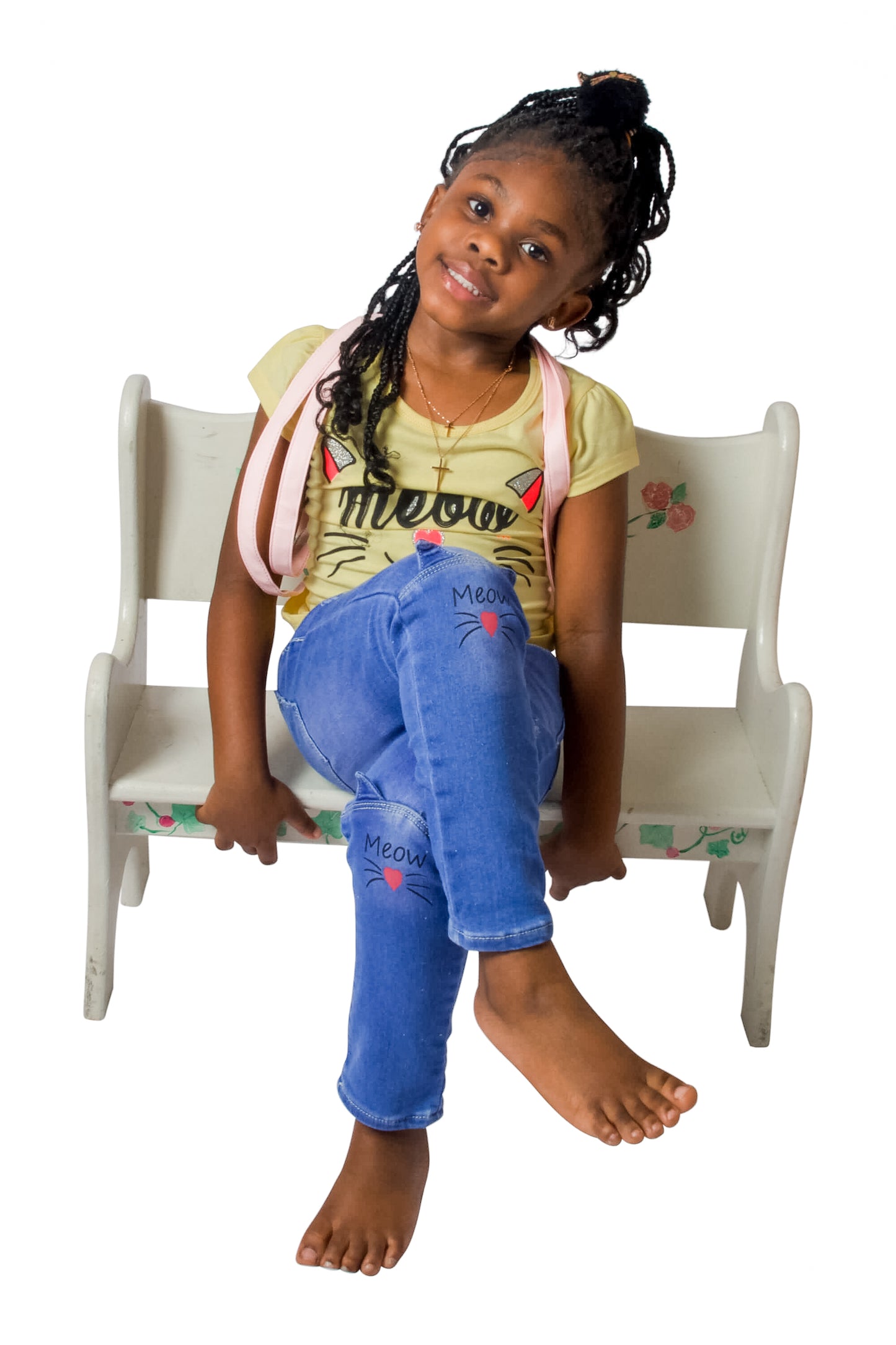 Cat Ears Denim Jeans, Straight Leg, Loops Pockets, Knee Details Meow Cat Ears  Blue Jay