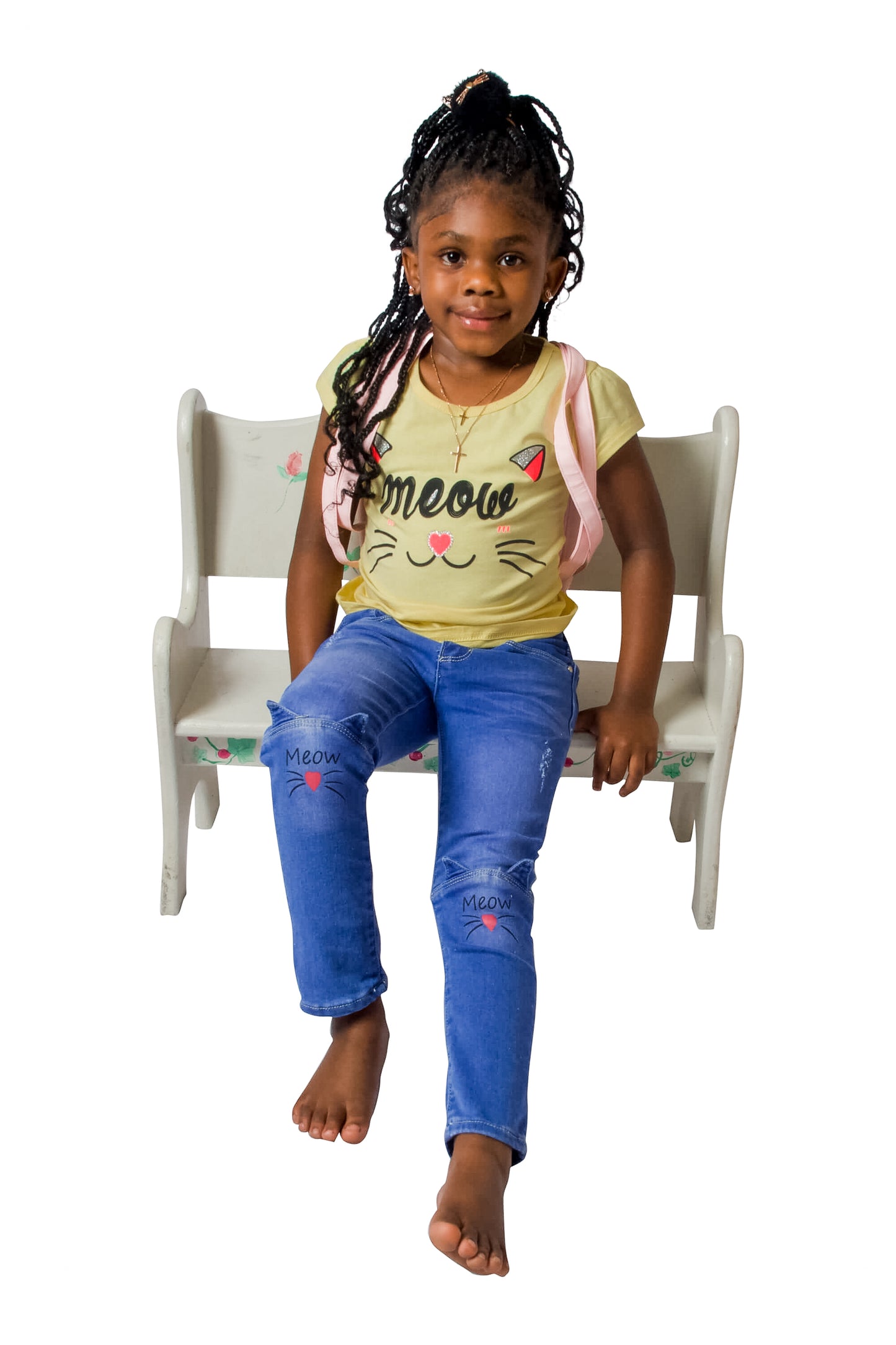 Cat Ears Denim Jeans, Straight Leg,Loops Pockets, Knee Details Meow Cat Ears, Blue Jay