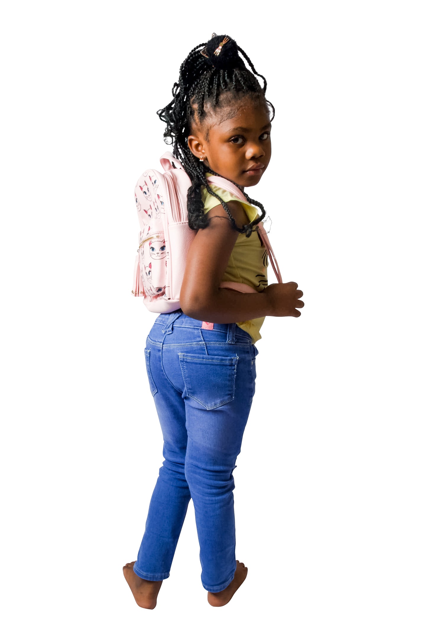 Cat Ears Denim Jeans, Straight Leg, Loops Pockets, Knee Details Meow Cat Ears  Blue Jay