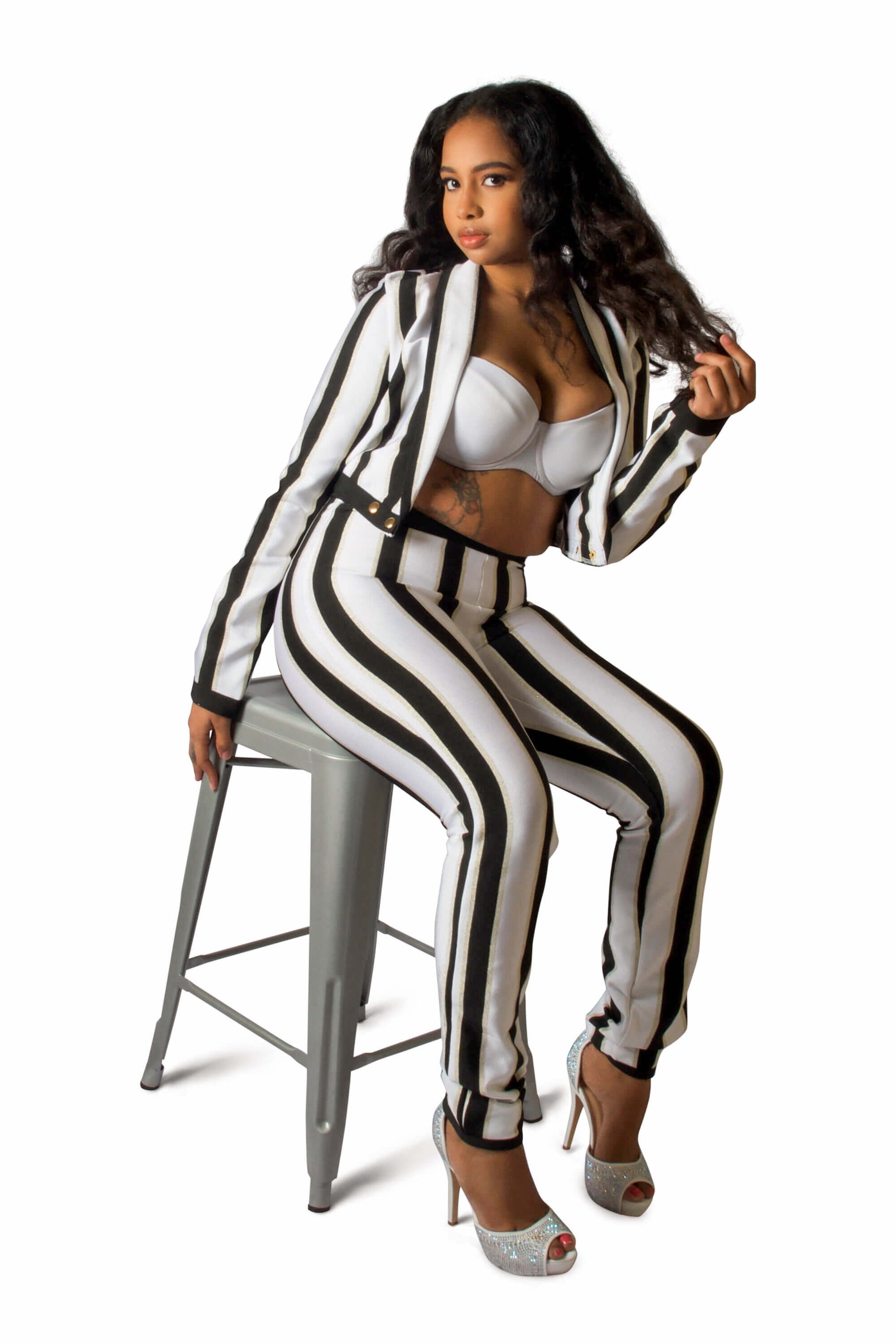 Stripe Black & White Two Piece Set for women ﻿Jacket  featuring a collar with open front and long Sleeve paired with matching Stretch High Waist Pants