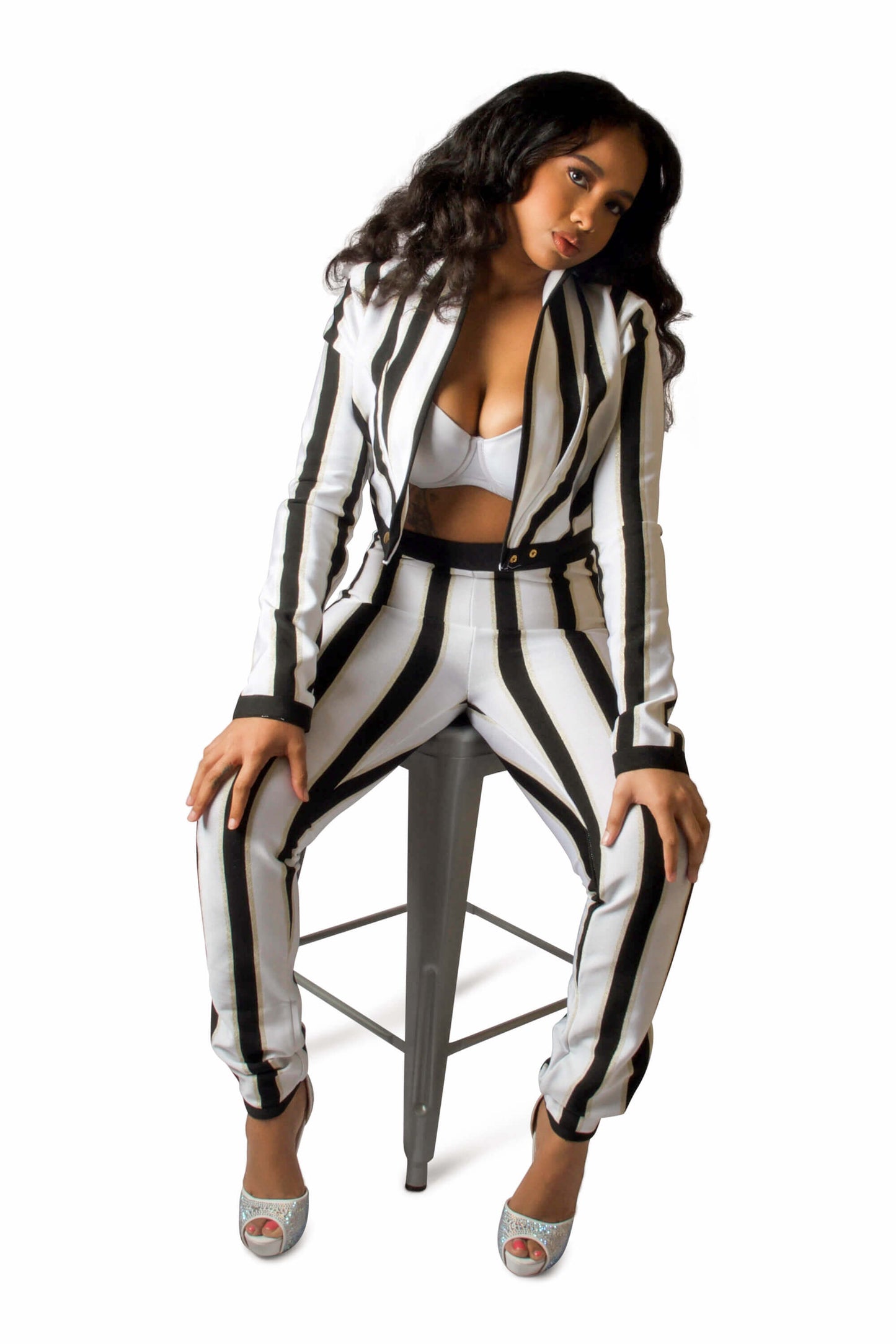 Stripe Black & White Two Piece Set for women ﻿Jacket  featuring a collar with open front and long Sleeve paired with matching Stretch High Waist Pants