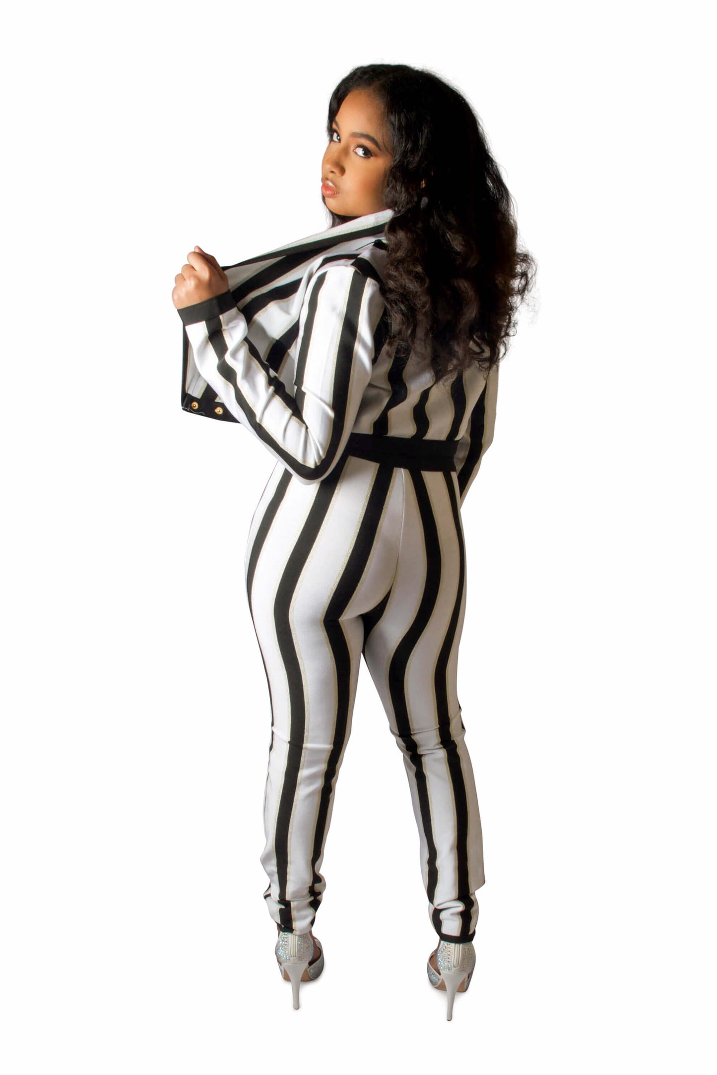 Stripe Black & White Two Piece Set for women ﻿Jacket  featuring a collar with open front and long Sleeve paired with matching Stretch High Waist Pants