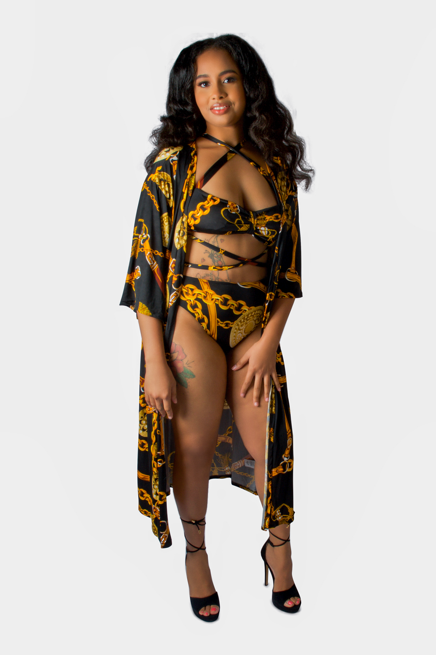 Black & Gold 3 Piece  3/4 Sleeve ﻿Criss Cross Front & Back Bandeau Top Bikini Bottom Cover Up Duster
