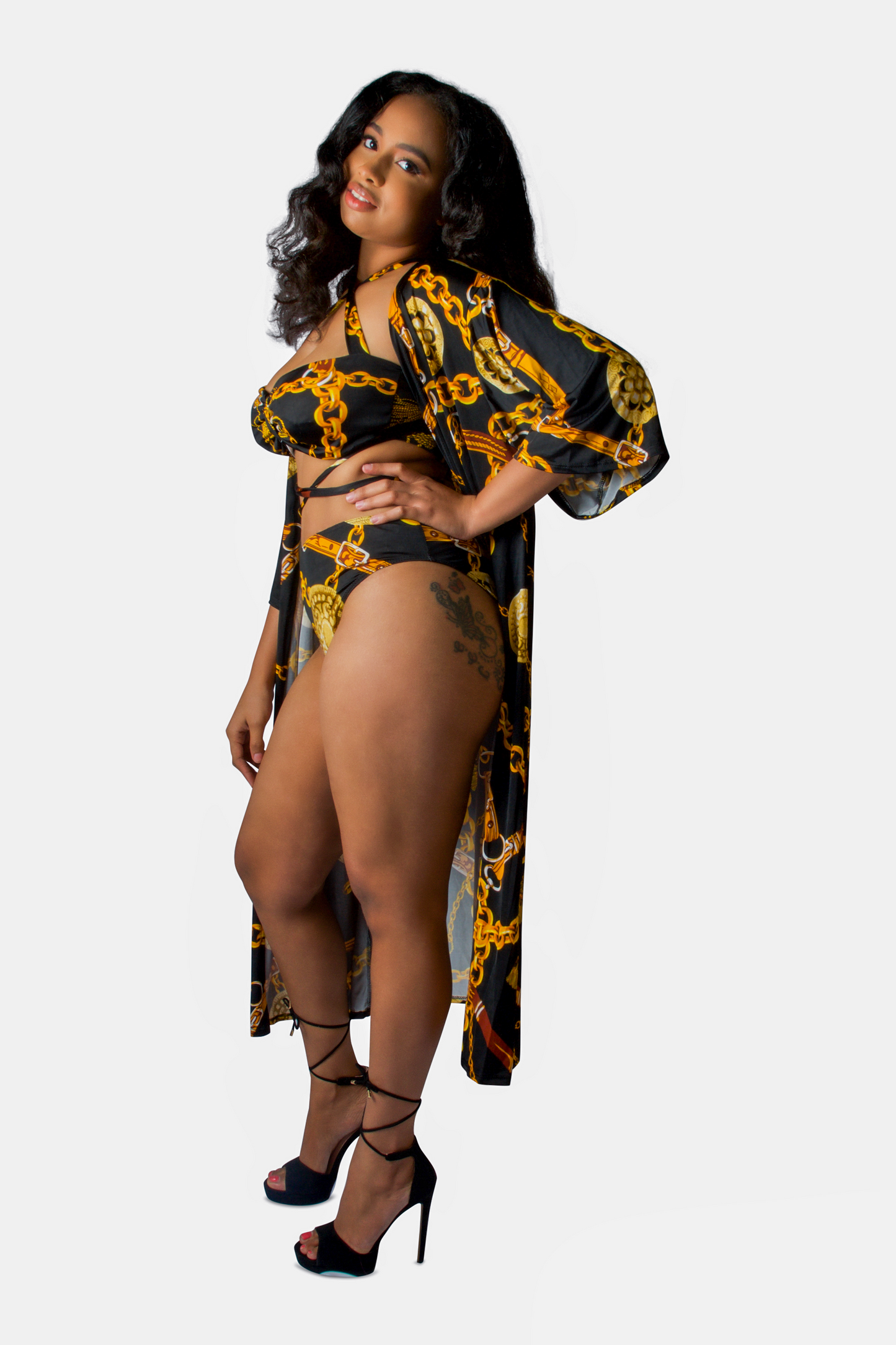 Black & Gold 3 Piece  3/4 Sleeve ﻿Criss Cross Front & Back Bandeau Top Bikini Bottom Cover Up Duster