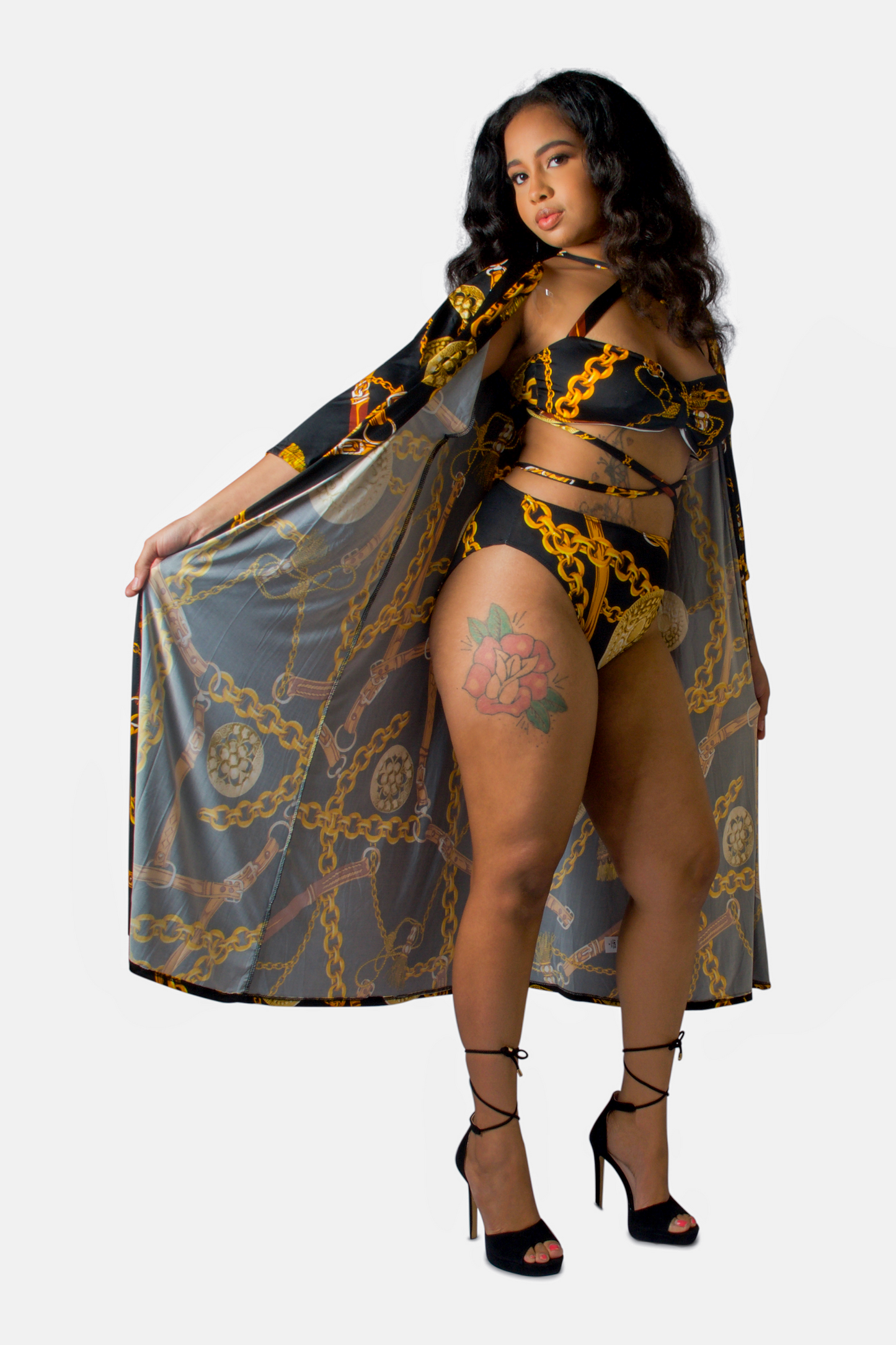 Black & Gold 3 Piece  3/4 Sleeve ﻿Criss Cross Front & Back Bandeau Top Bikini Bottom Cover Up Duster
