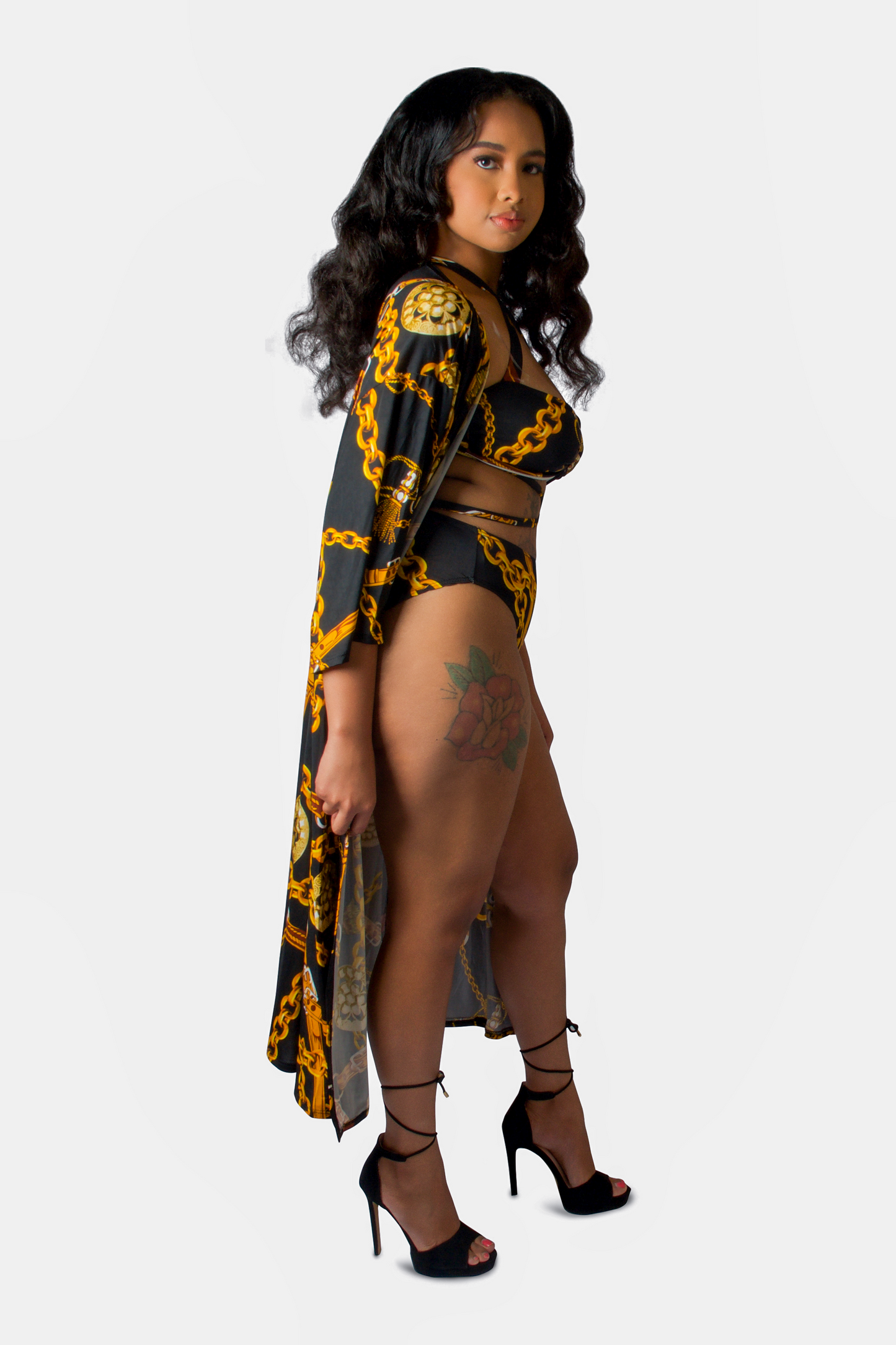 Black & Gold 3 Piece  3/4 Sleeve ﻿Criss Cross Front & Back Bandeau Top Bikini Bottom Cover Up Duster