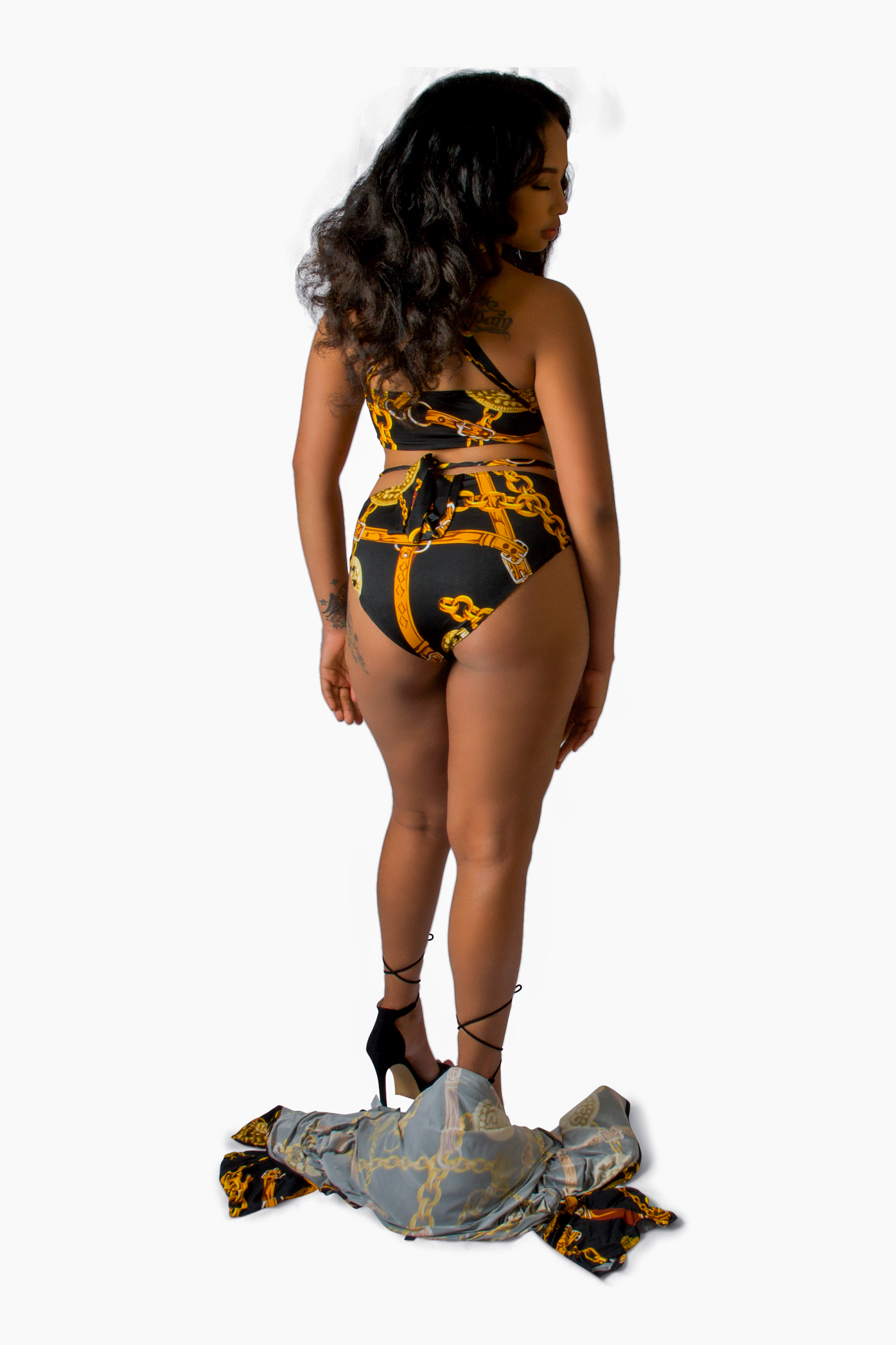 Black & Gold 3 Piece  3/4 Sleeve ﻿Criss Cross Front & Back Bandeau Top Bikini Bottom Cover Up Duster