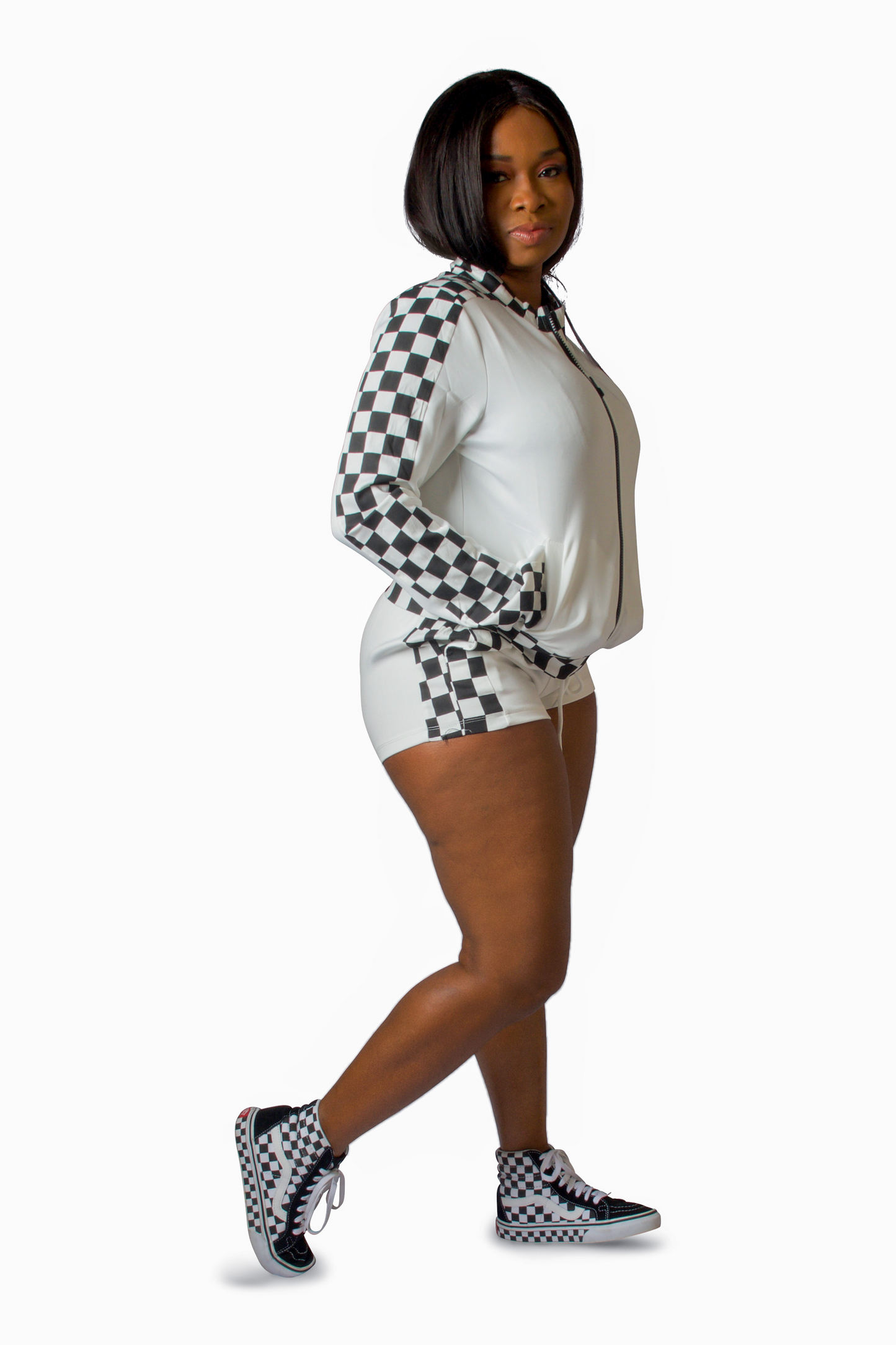 Jacket Top Side Shorts Side Pocket Elastic 2 Piece Black & White Checkered Set