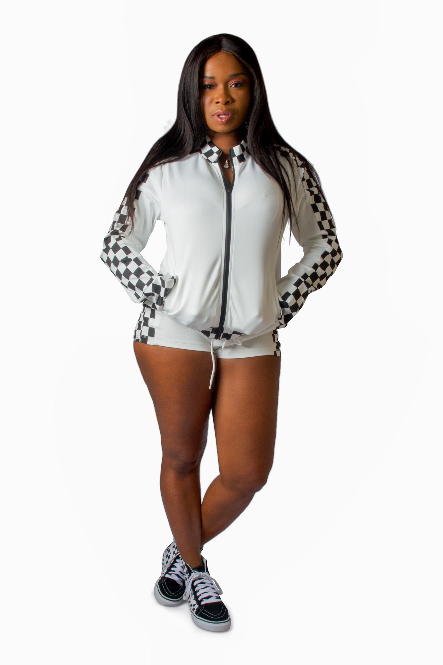 Jacket Top Side Shorts Side Pocket Elastic 2 Piece Black & White Checkered Set