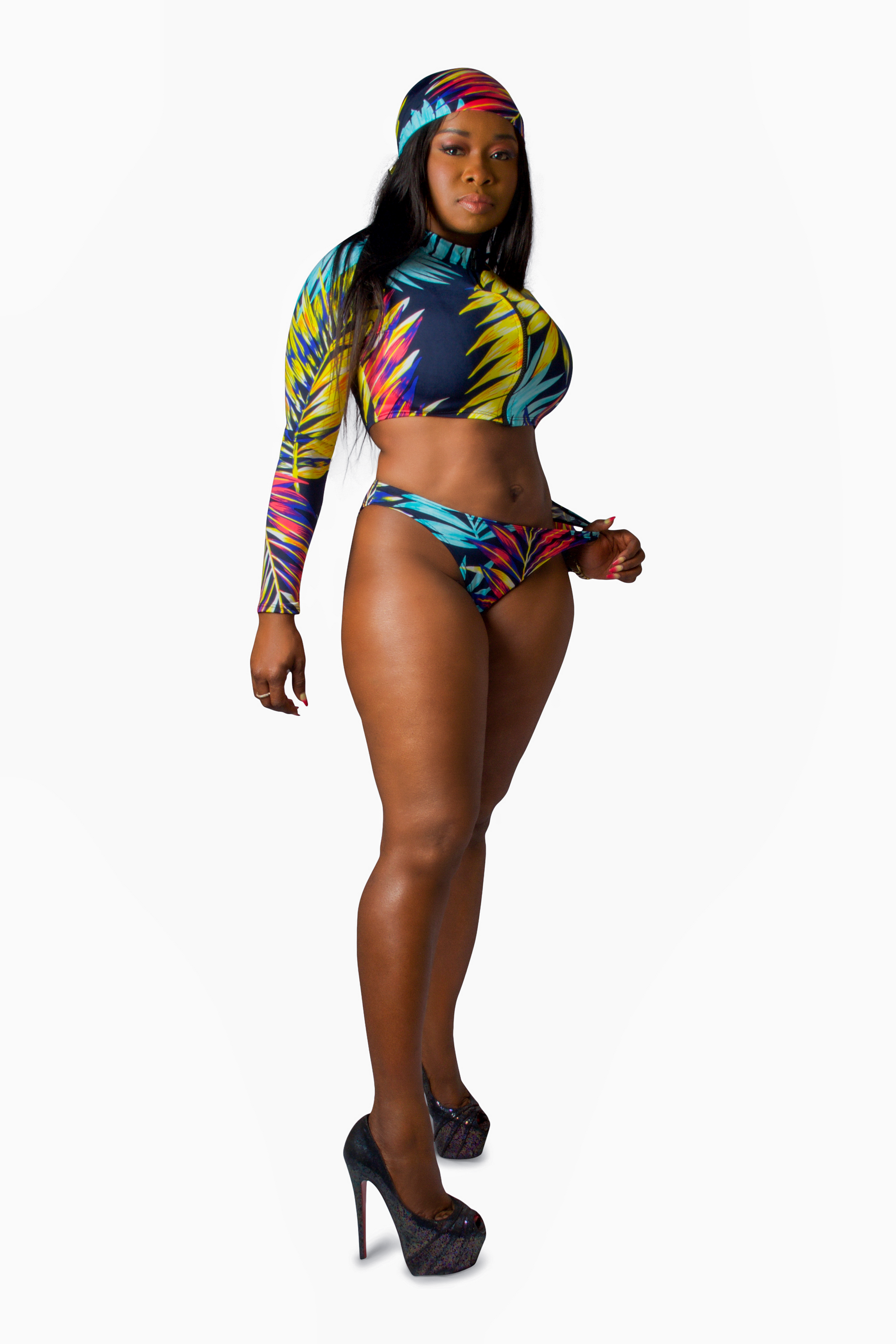3 Piece Bandana Set, Cover Up ﻿Long Sleeve Zip Up Front Crop Top Bikini Bottom Head Scarf Navy Color