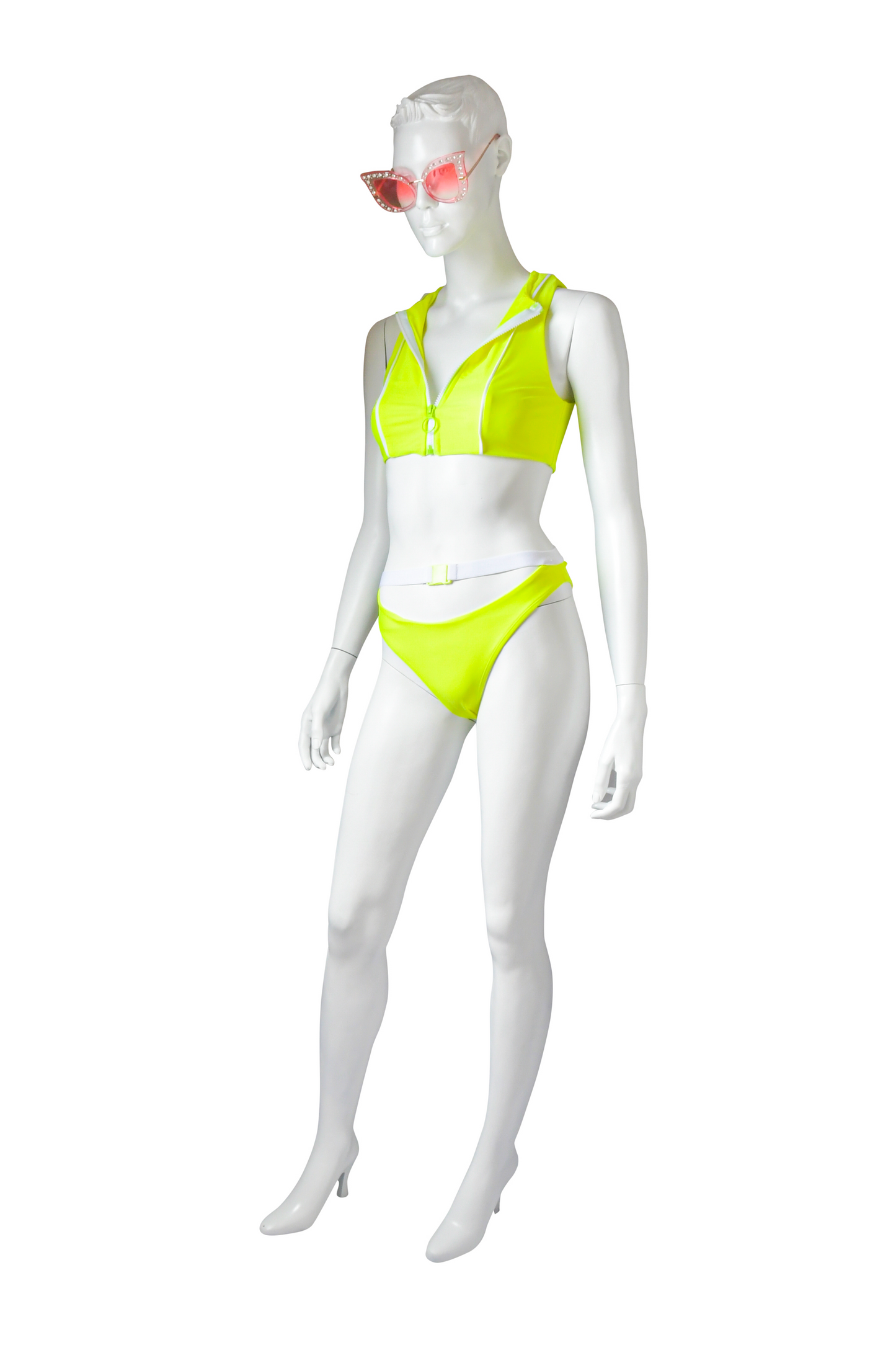 Buckle In Bikini Swimsuit Set Featuring Pipe Line Top Detail Short Sleeves Zip Up Front Crop Top, High Cut Bikini Buckle Strap Bottom Bikini Swimsuit.