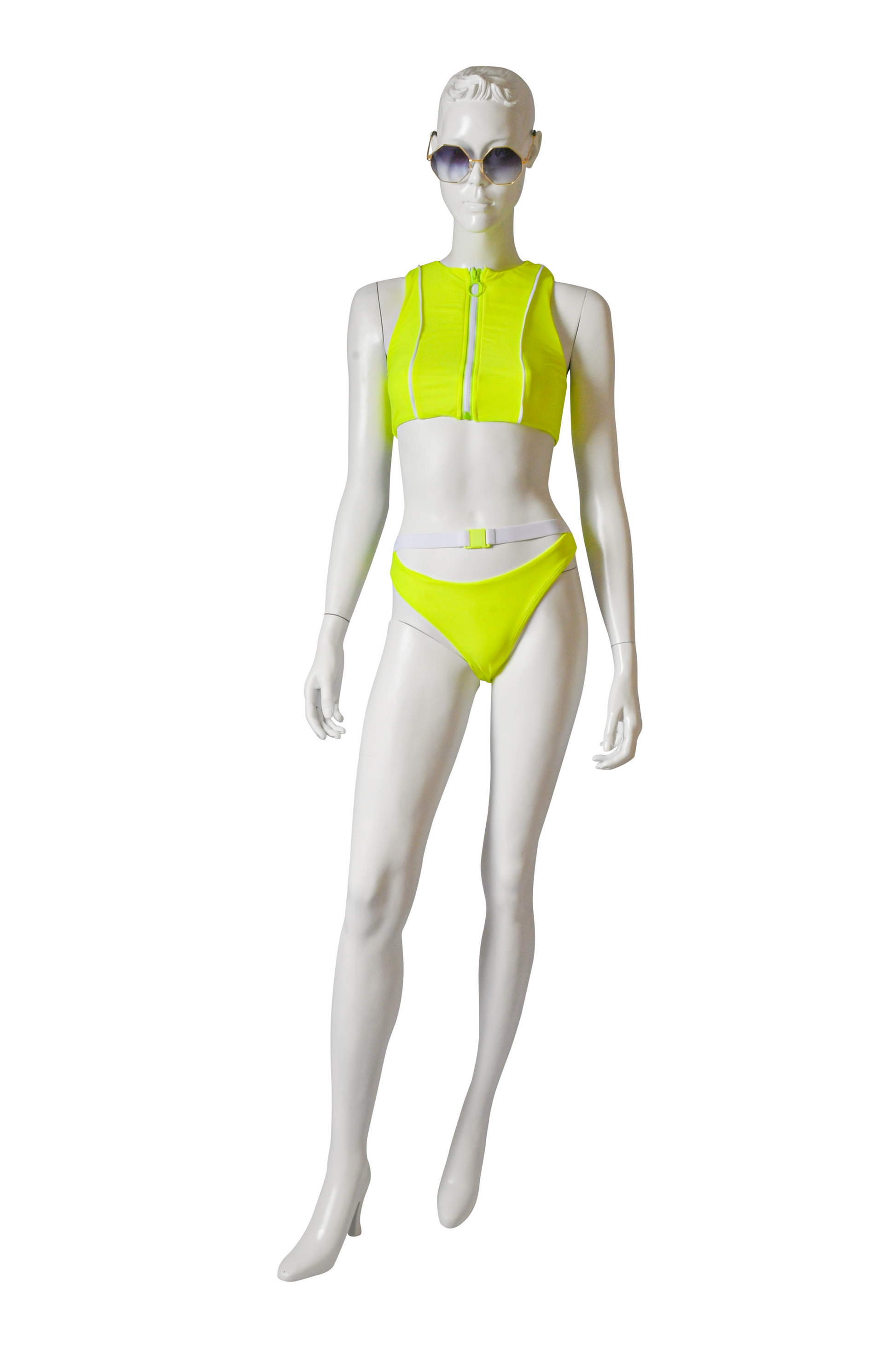 Buckle In Bikini Swimsuit Set Featuring Pipe Line Top Detail Short Sleeves Zip Up Front Crop Top, High Cut Bikini Buckle Strap Bottom Bikini Swimsuit.
