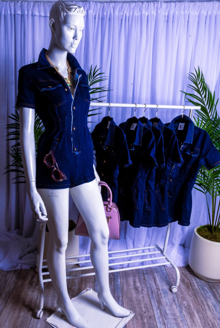 Goodness Gracious it is! Denim romper with short sleeve features button down, front zipper and pockets, this the hit for spring and summer. Sexy looking bodycon short shorts with good stretch,  Edit alt text