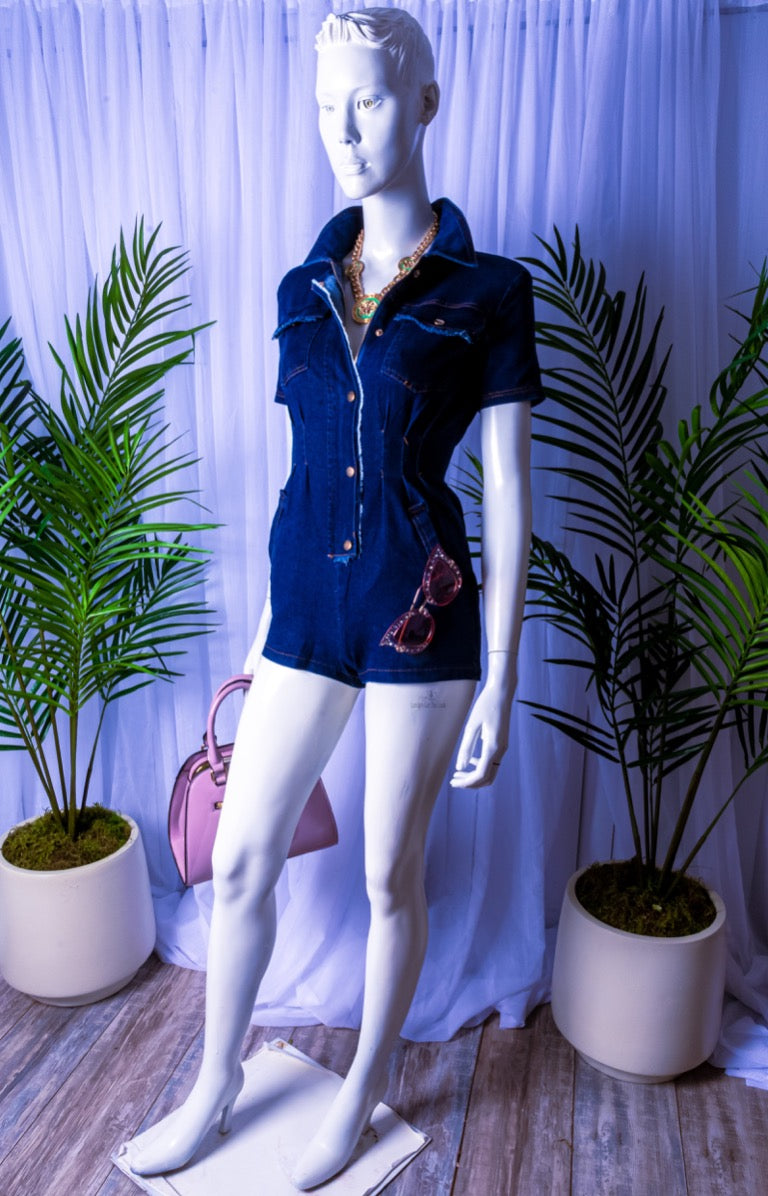 Goodness Gracious it is! Denim romper with short sleeve features button down, front zipper and pockets, this the hit for spring and summer. Sexy looking bodycon short shorts with good stretch,