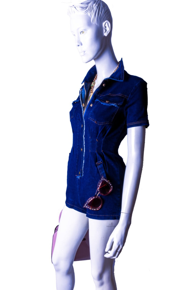 Goodness Gracious it is! Denim romper with short sleeve features button down, front zipper and pockets, this the hit for spring and summer. Sexy looking bodycon short shorts with good stretch,