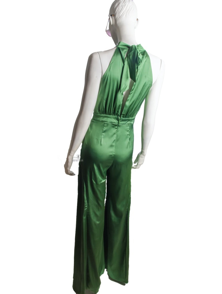 Fall In Style With This Season 2020 and Behind Trending Fashion Jumpsuit Features A Halter Neck, Sleeveless, Details A Back Zipper, Side Pockets With Flare Solid Satin. Club Or Date Night Heels or A Pair Of Matching Wedges Shoes will just do, give you that extra height while keep jumpsuit from sweeping the floor,