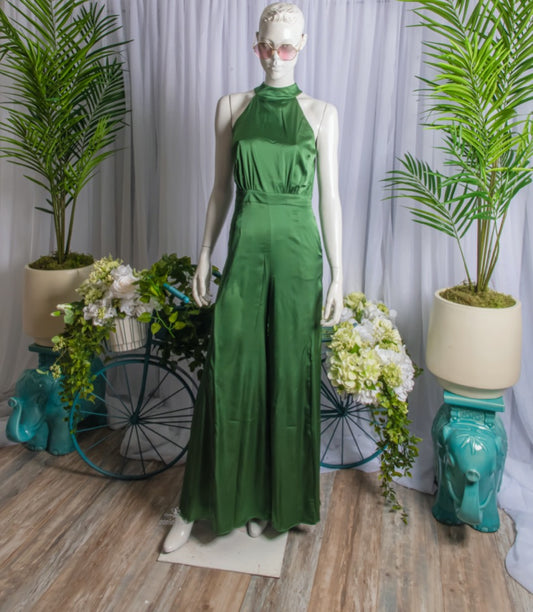 Fall In Style With This Season 2020 and Behind Trending Fashion Jumpsuit Features A Halter Neck, Sleeveless, Details A Back Zipper, Side Pockets With Flare Solid Satin. Club Or Date Night Heels or A Pair Of Matching Wedges Shoes will just do, give you that extra height while keep jumpsuit from sweeping the floor,
