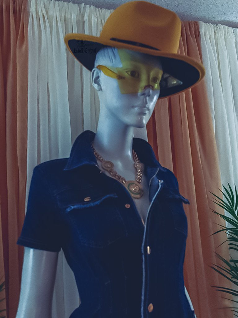 Rock my world in these two tone classic stylish Fedora Felt Hat features a wide Brim, leather belt with buckle panama style. Ready to turn head? Can be worn with any of our jeans from the Jeans out denim Collection a bustier/crop top with heels to bring out that fashionable fashionista in you.