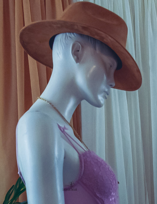 Accented Wide Brim Fedora Nubuck Leather Monochromatic Stitched Band Natural Fabric Textures One Size Fit Most Non-Returnable 
