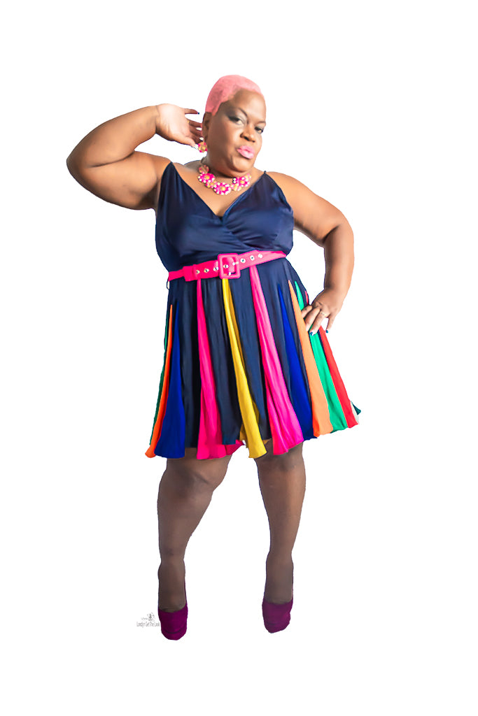 An elegant navy mini dress that comes in a soft silky fabric features a Burst of colorful gadget details on the skirt and comes with a detachable fuchsia belt. Invisible black zipper adjustable shoulder straps 