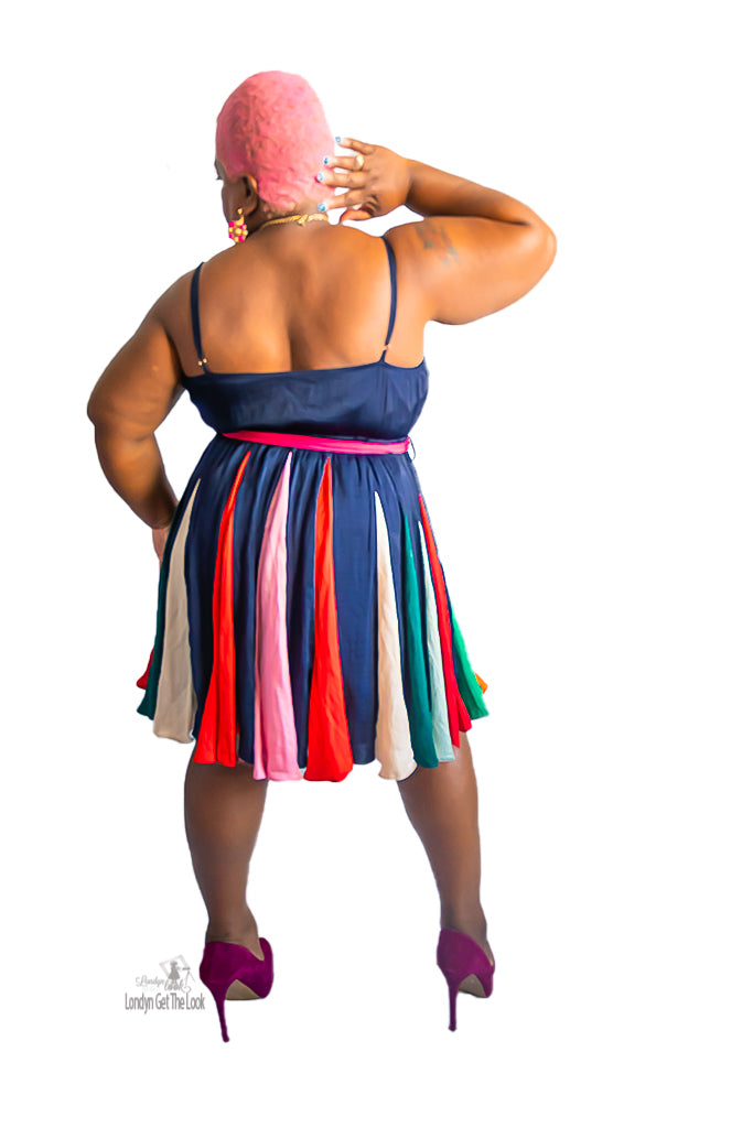 An elegant navy mini dress that comes in a soft silky fabric features a Burst of colorful gadget details on the skirt and comes with a detachable fuchsia belt. Invisible black zipper adjustable shoulder straps 
