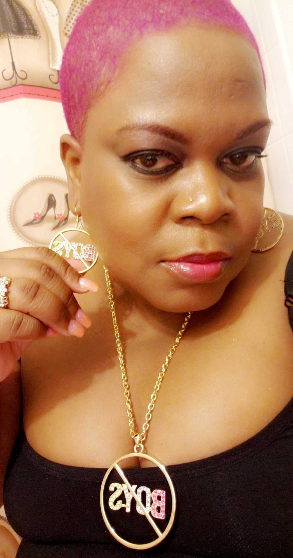 boys studded necklace with double plated, fish hook ear wire. Chain measures 23", pendant drop 2 1/4".  Edit alt text