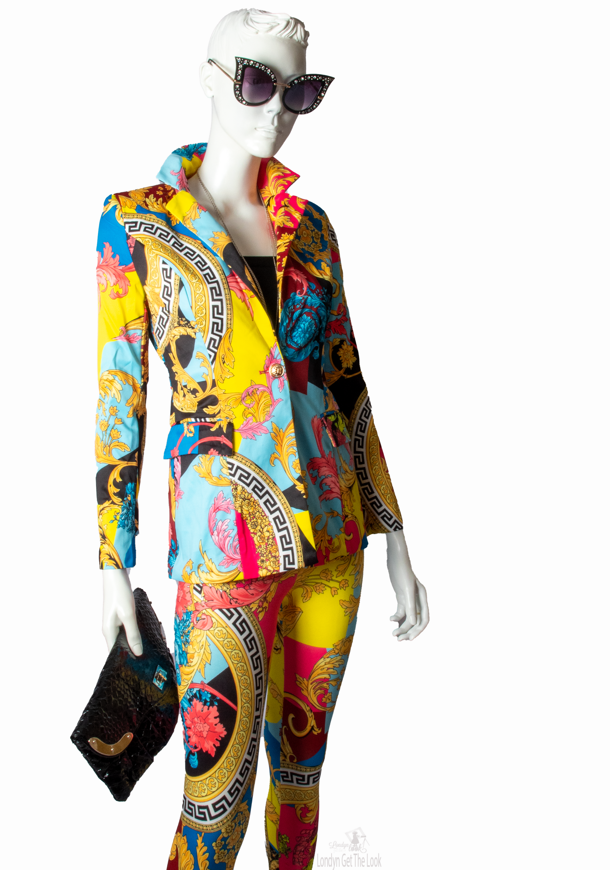 Two Piece Set-Blue Multi Long Sleeve Print Jacket With Collar, Two Side Pockets  Matches With Skinny Fitted Print Pants