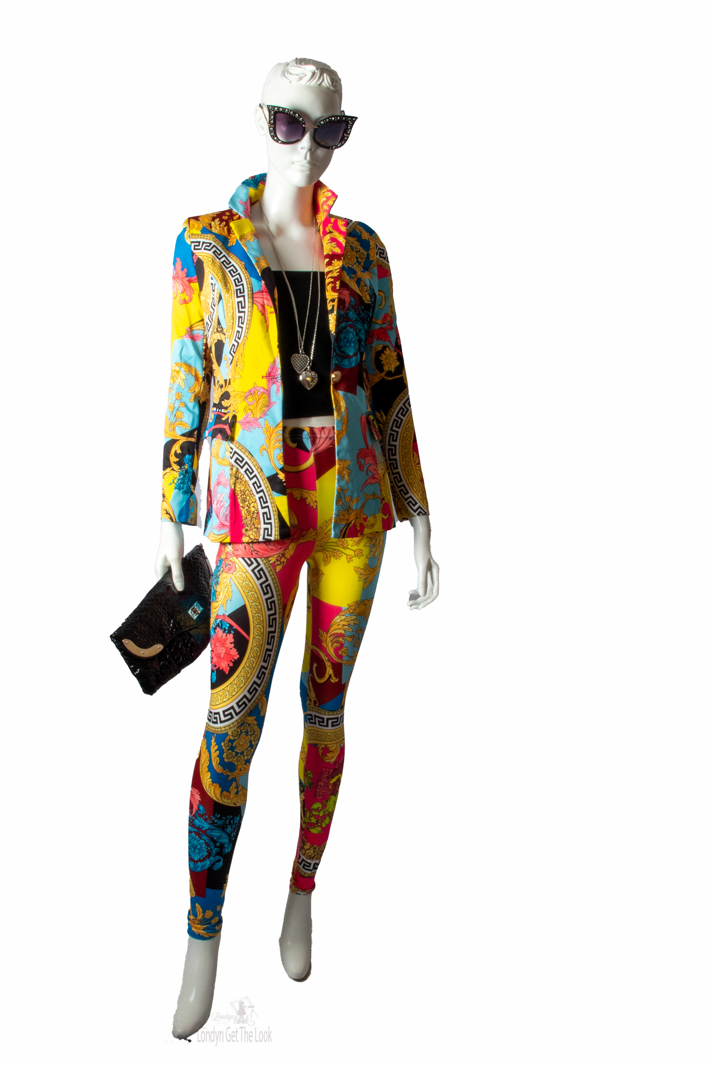 Two Piece Set-Blue Multi Long Sleeve Print Jacket With Collar, Two Side Pockets  Matches With Skinny Fitted Print Pants