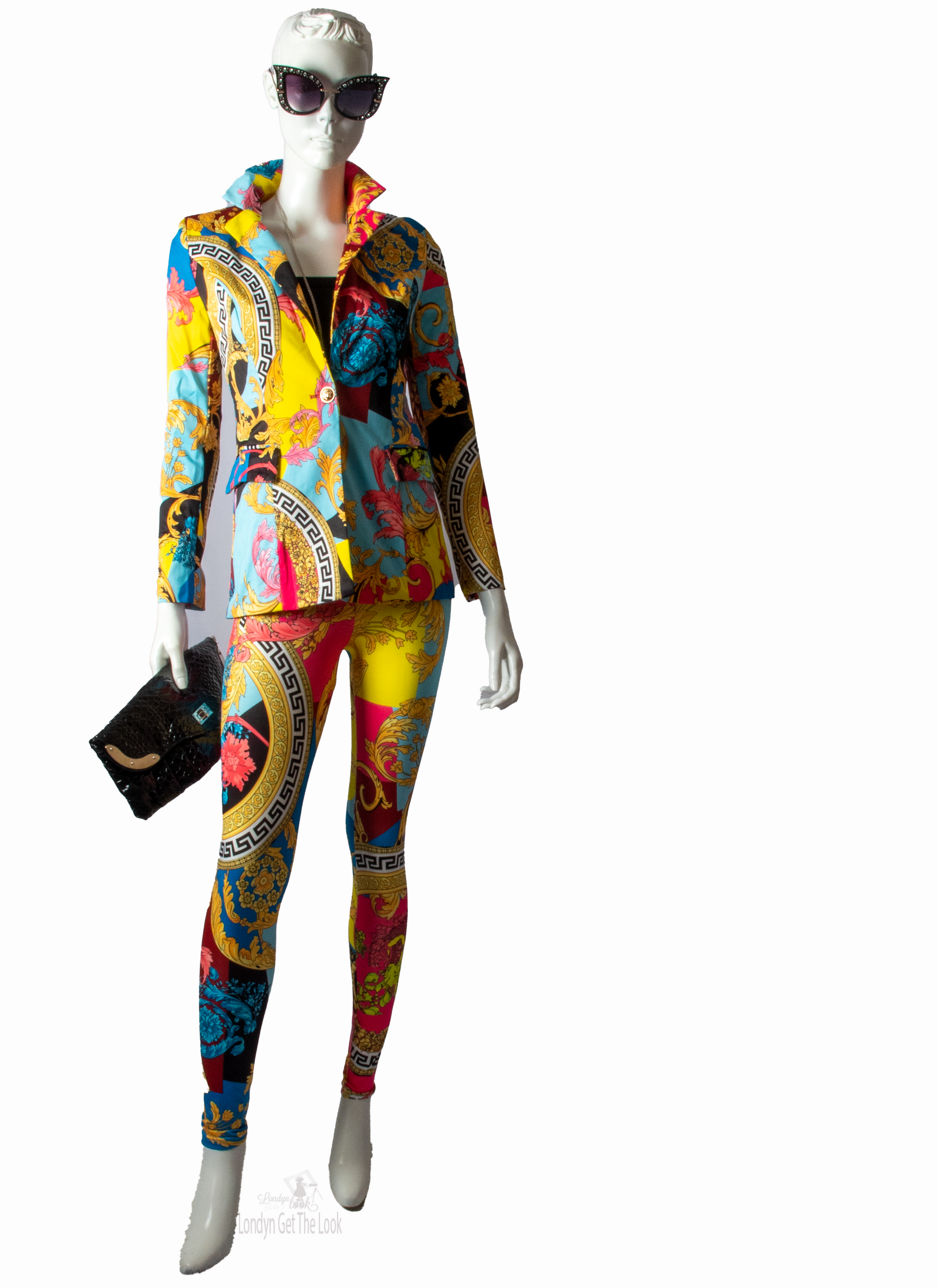 Two Piece Set-Blue Multi Long Sleeve Print Jacket With Collar, Two Side Pockets  Matches With Skinny Fitted Print Pants