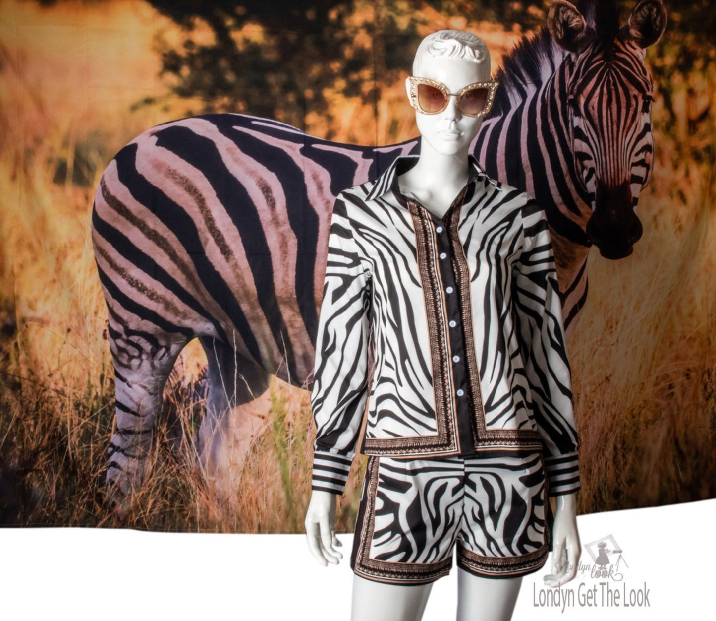 Zebra Print Buttoned Shirt & Zipper Short Sets long sleeve with brown/gold border v-neck turn-down collar paired with a matching shorts Very chic and sexy above knee mini shorts and side pocket 