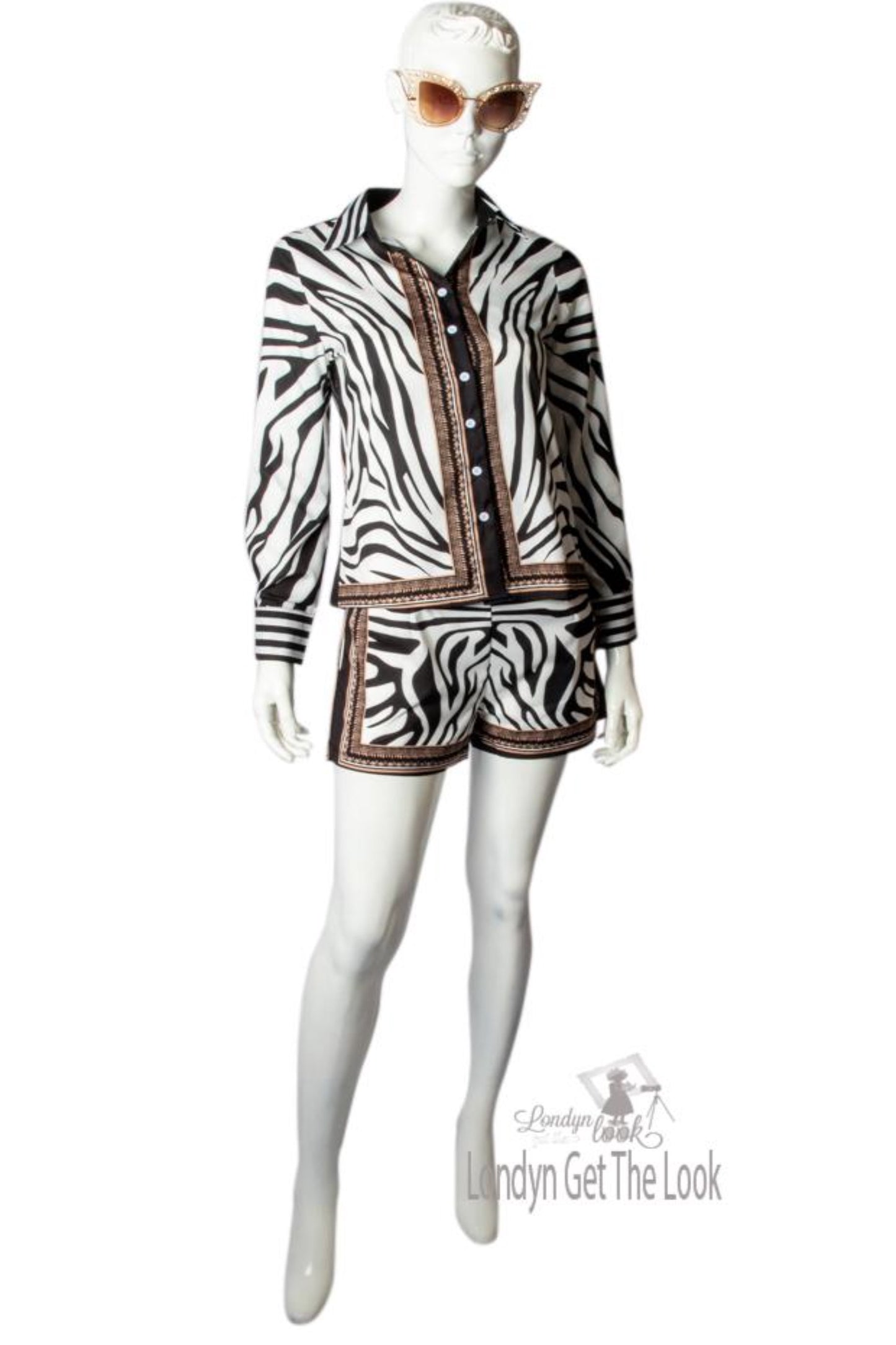 Zebra Print Buttoned Shirt & Zipper Short Sets long sleeve with brown/gold border v-neck turn-down collar paired with a matching shorts Very chic and sexy above knee mini shorts and side pocket 