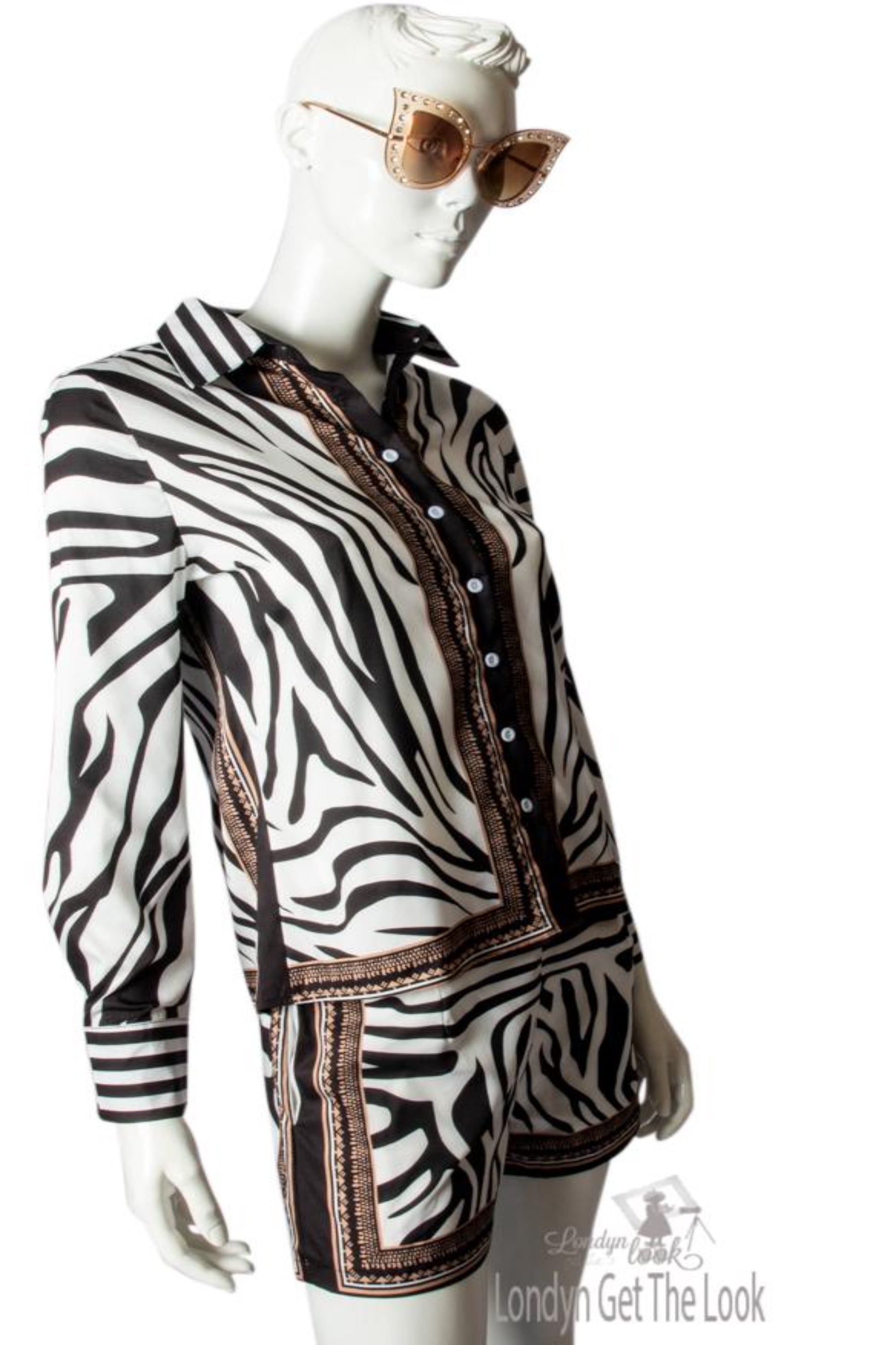 Zebra Print Buttoned Shirt & Zipper Short Sets long sleeve with brown/gold border v-neck turn-down collar paired with a matching shorts Very chic and sexy above knee mini shorts and side pocket 