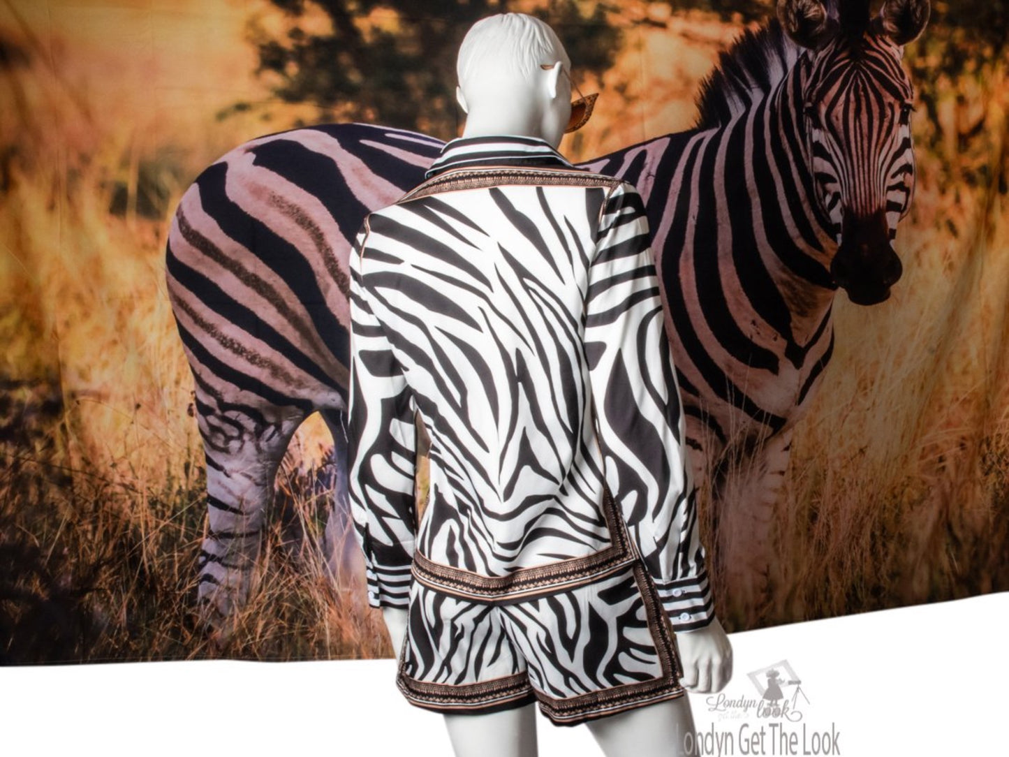 Zebra Print Buttoned Shirt & Zipper Short Sets long sleeve with brown/gold border v-neck turn-down collar paired with a matching shorts Very chic and sexy above knee mini shorts and side pocket 