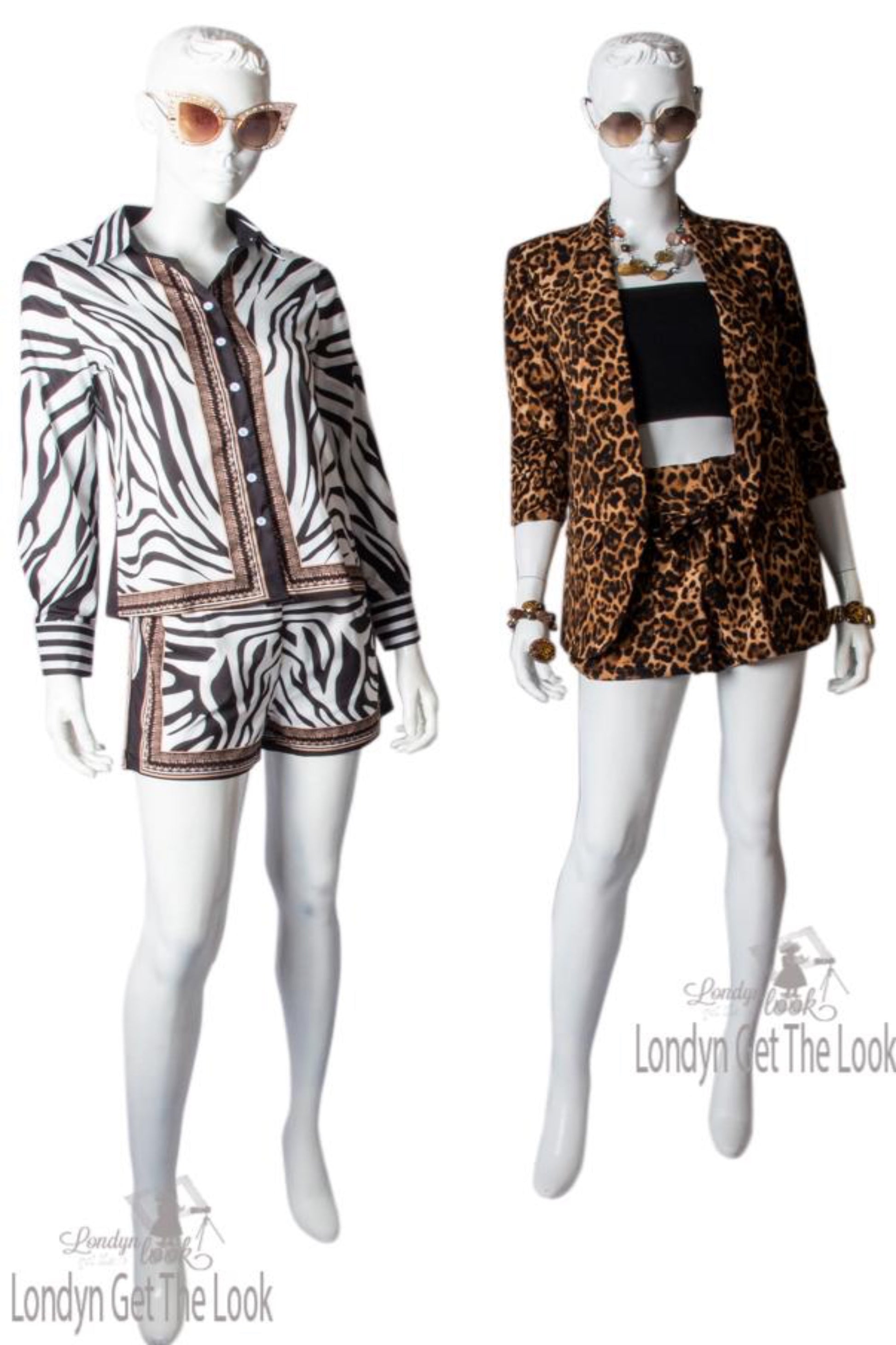 Zebra Print Buttoned Shirt & Zipper Short Sets long sleeve with brown/gold border v-neck turn-down collar paired with a matching shorts Very chic and sexy above knee mini shorts and side pocket 